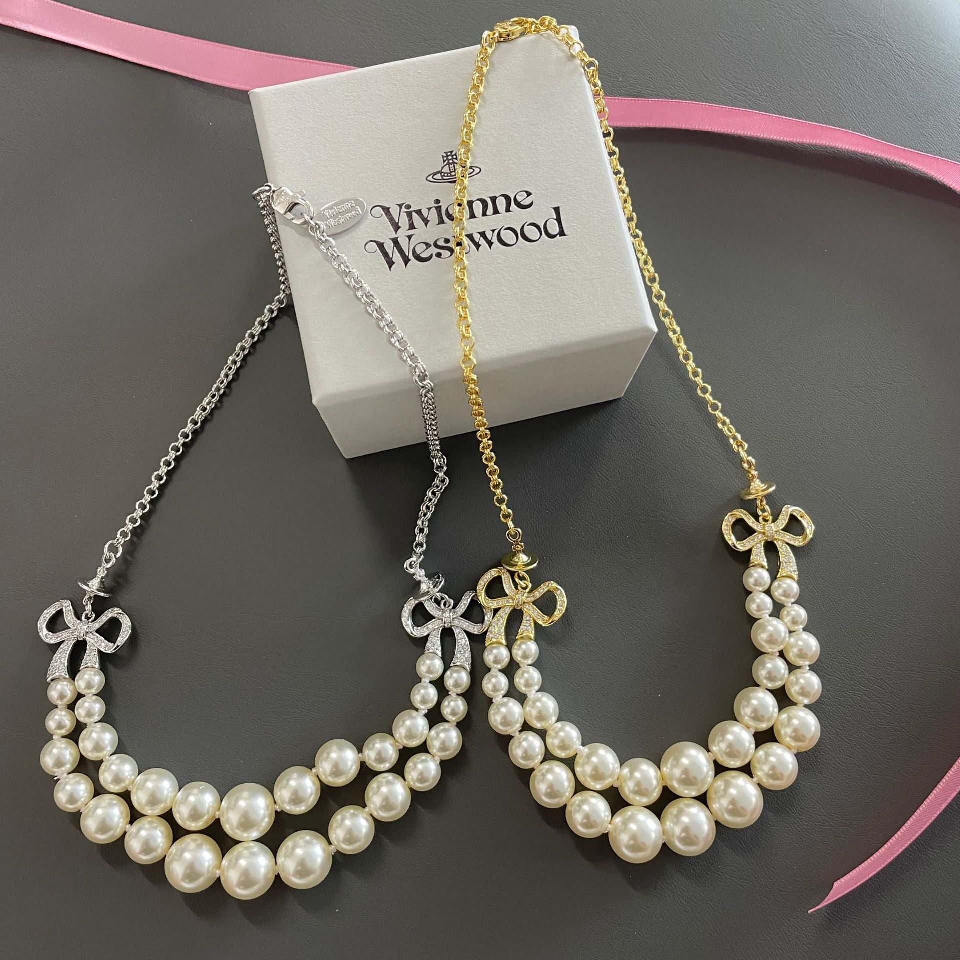 Vivienne Westwood Bow Knot 2 Row Pearl Necklace - Original Replica Club