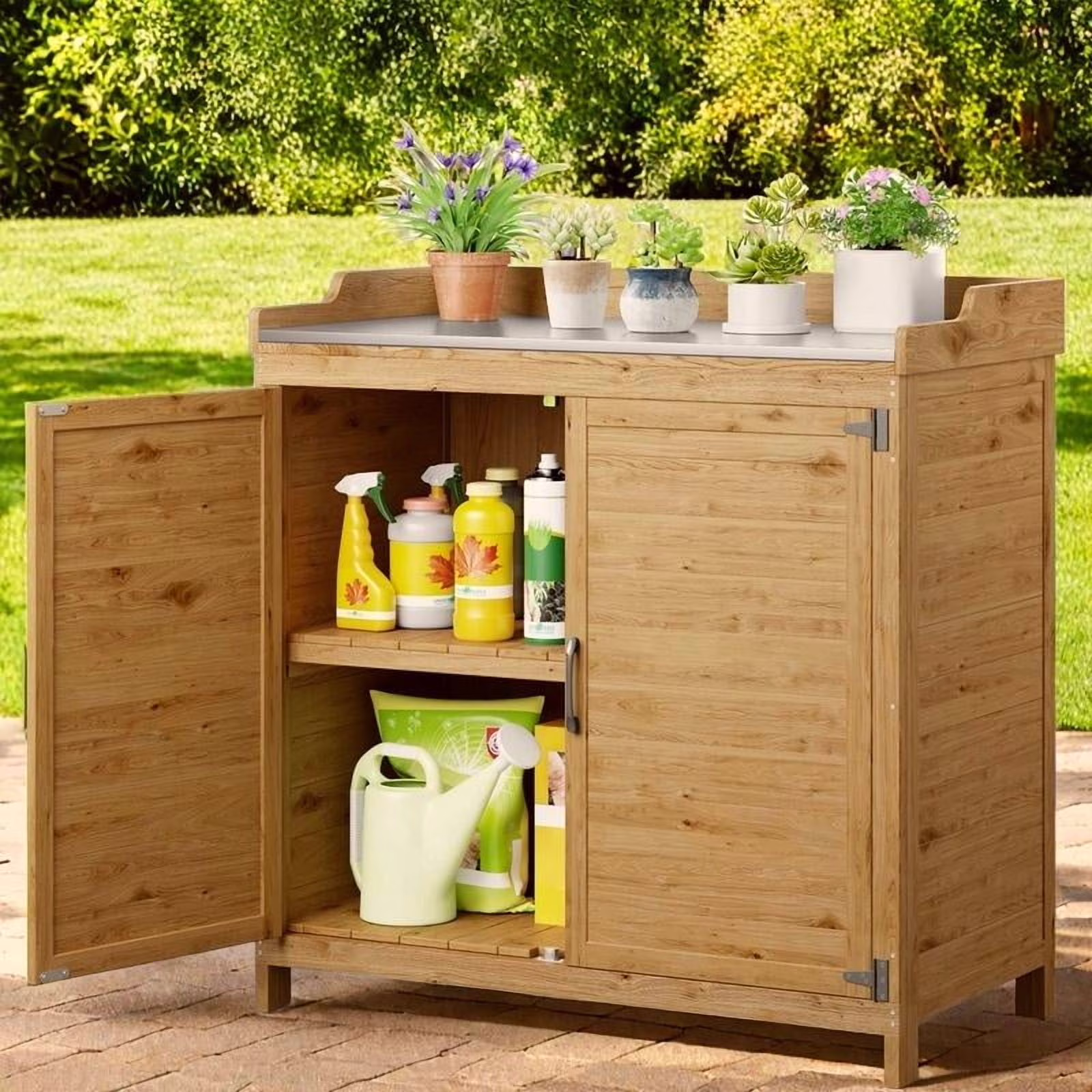 Lofka Outdoor Storage Cabinet, Outdoor Potting Bench Table with Removable Shelves for Yard, Garden, Waterproof Wood(Natural)