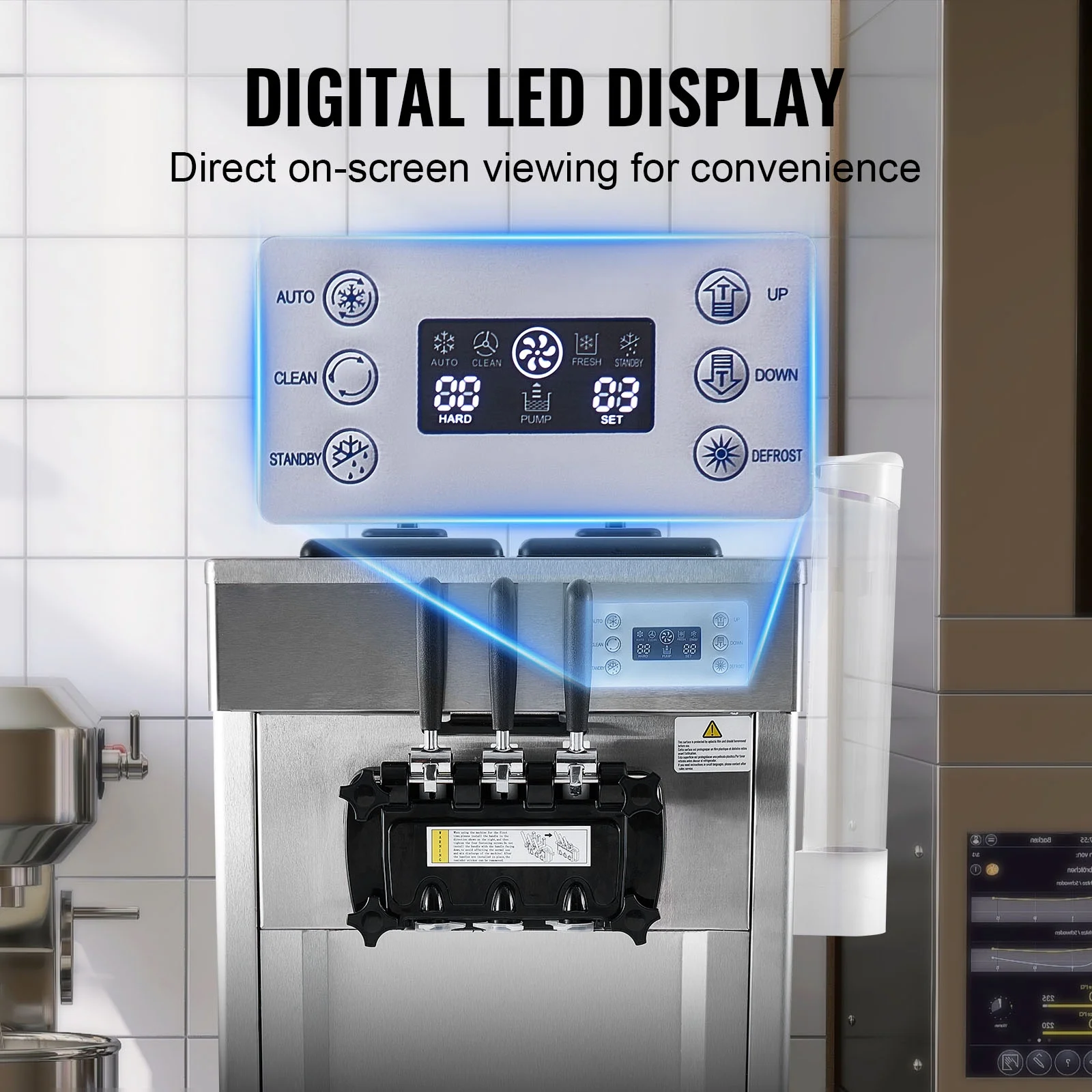 KFFKFF Commercial Soft Ice Cream Machine 21-31 L/H Output 3-Flavor LED Display Auto Clean 4.3L/1.1GAL Hopper ,1.7L/0.45gal Cylinder - Image 6
