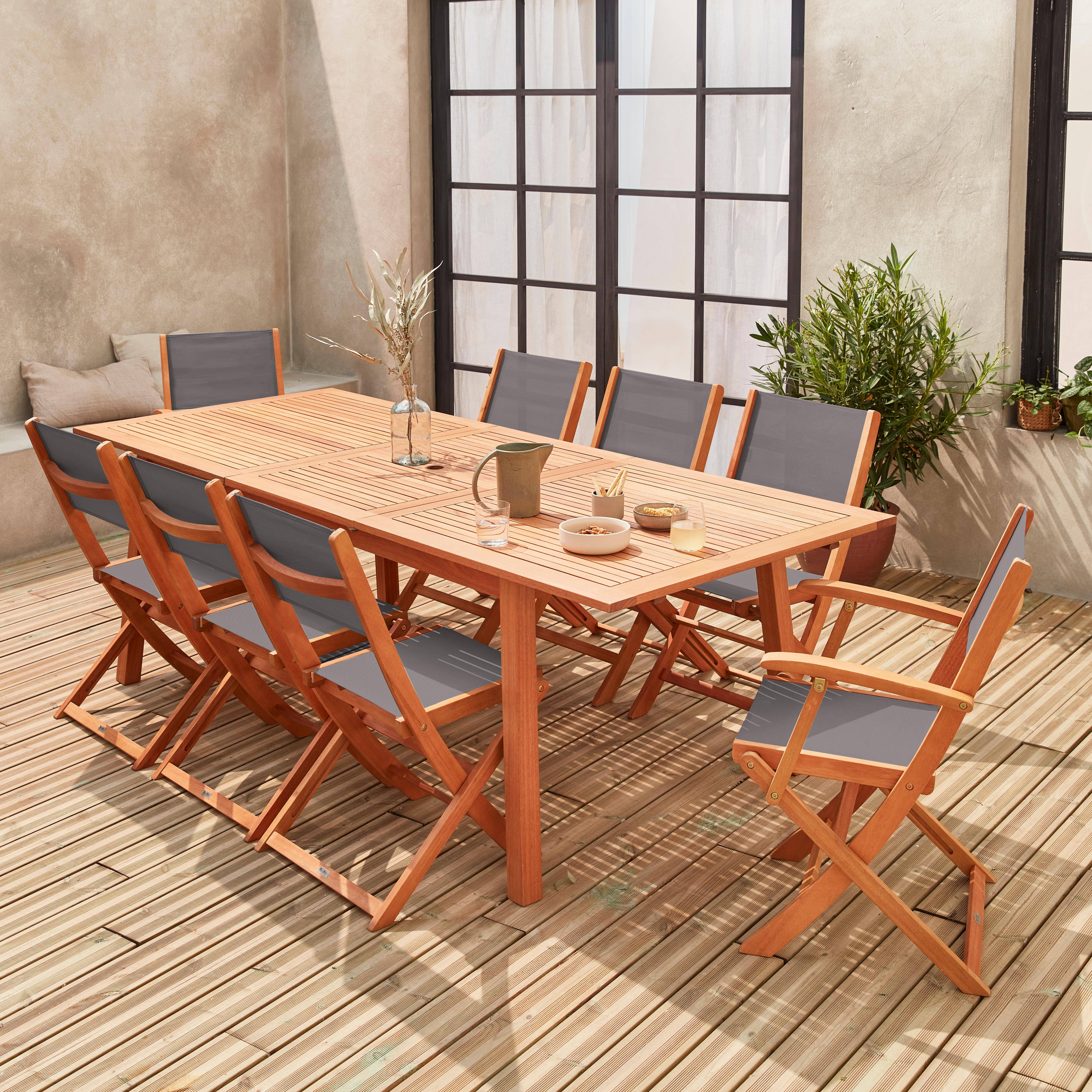 Almeria 8 - Mesa de jardín de madera extensible, 8 sillas