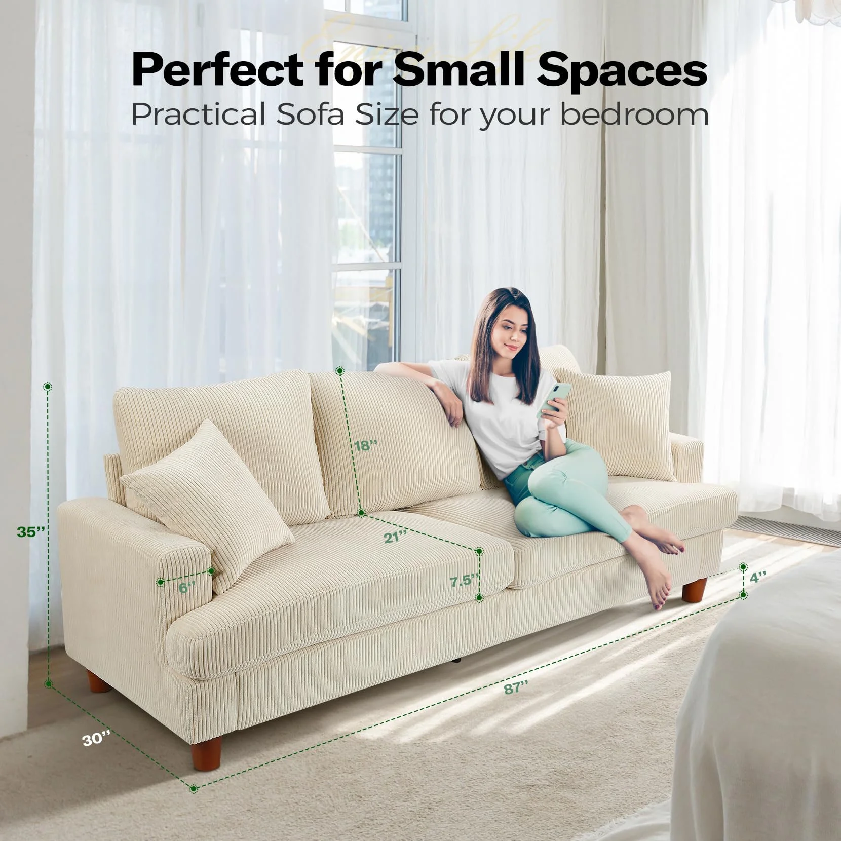 87" Corduroy Sofa,3 Seater Sofa with Extra Deep Seats,Neche Comfy Upholstered Couch for Living Room,2 Pillows,Green - Image 19