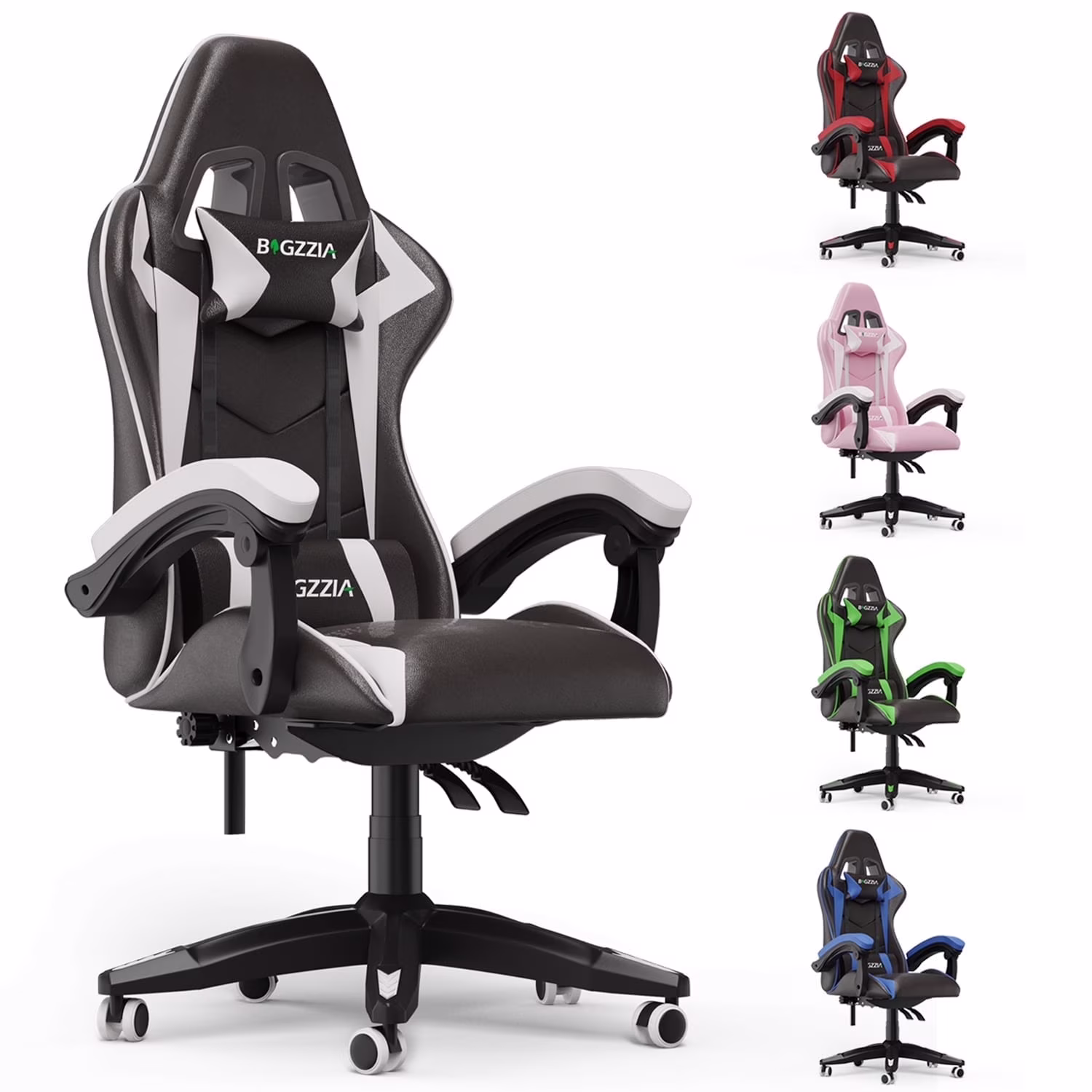 Bigzzia Gaming Chair Office Chair, Ergonomic Game Chair with Height Adjustable Headrest and Lumbar Support for Adults Teens, Black White(Green)