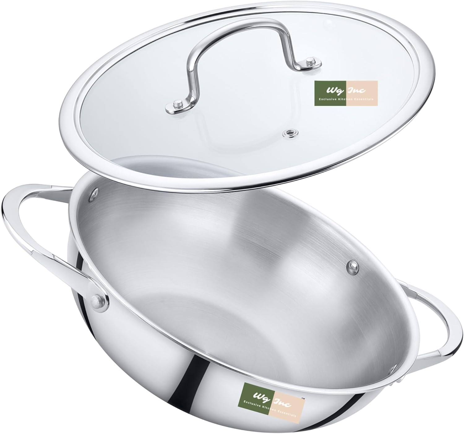 Stainless Steel Wok with Glass Lid, 5.2 QT - 12 Inch / 30 CM Tri-ply Kadhai, Large Wide & Deep Cookware Stir Fry Pans, Dishwasher & Oven Safe, Non Toxic Cooking Wok Pan, Induction Compatible