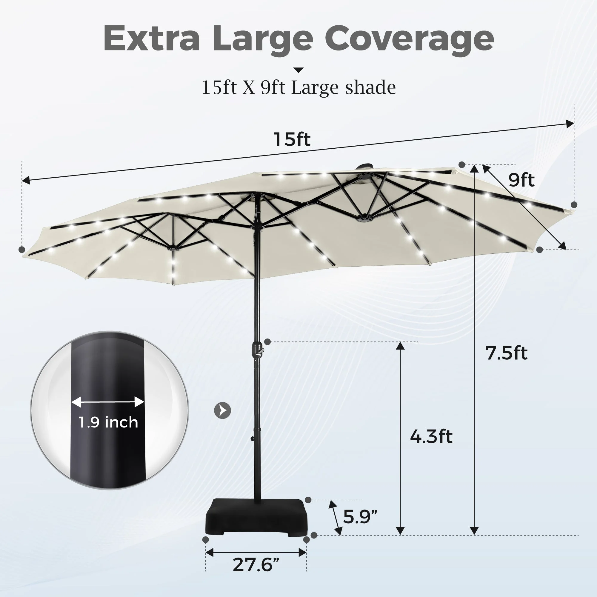 Alpha Joy 15ft Extra Large Outdoor Patio Double-Sided Umbrella with LED Solar Lights & Umbrella Base, Beige - Image 45