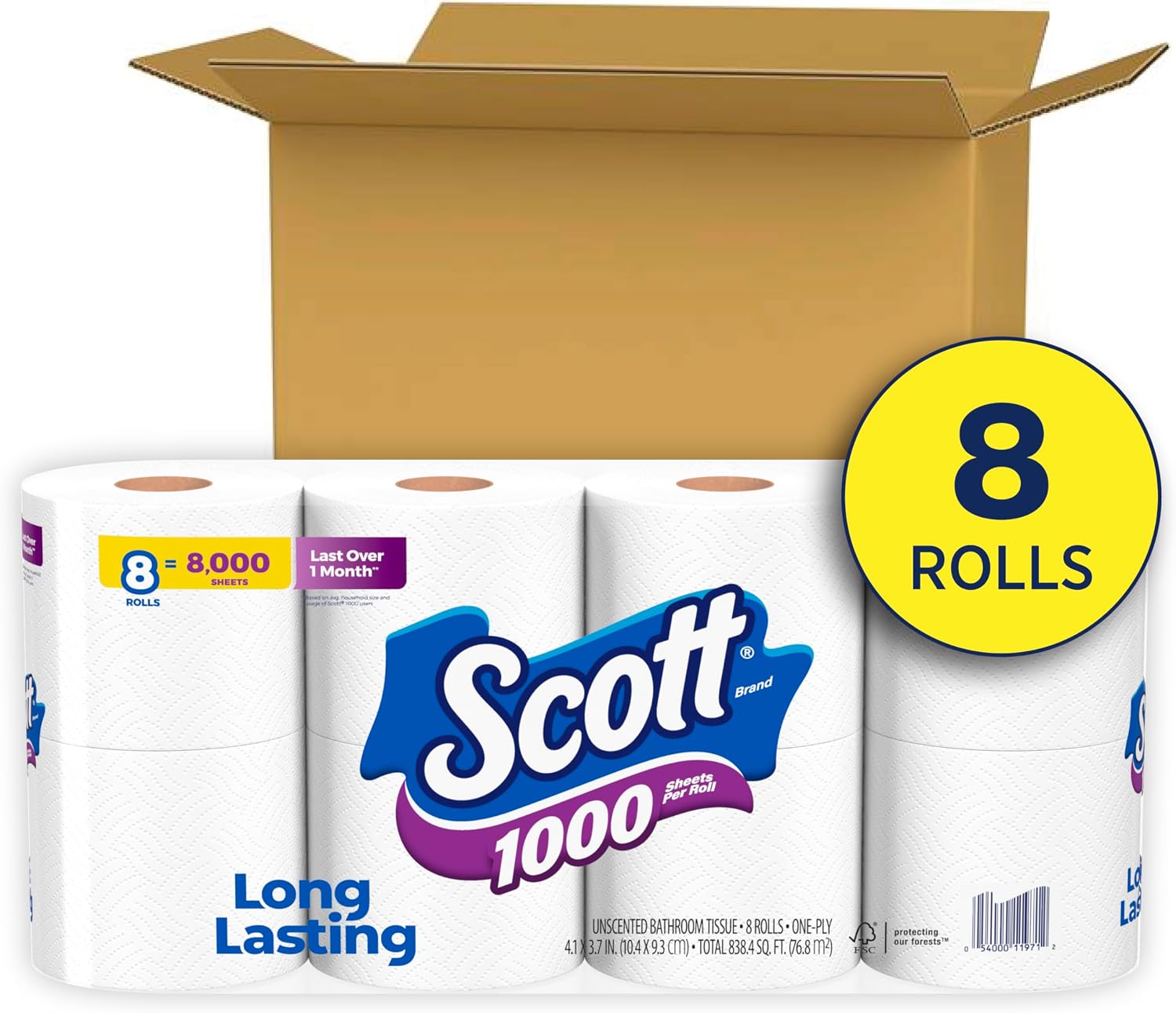 Scott 1000 Sheets Per Roll, 8 Toilet Paper Rolls, Bath Tissue