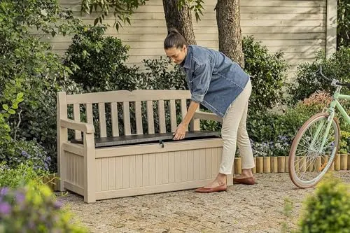 Keter Eden 265L Garden Storage Bench - Wood Effect Beige/Brown