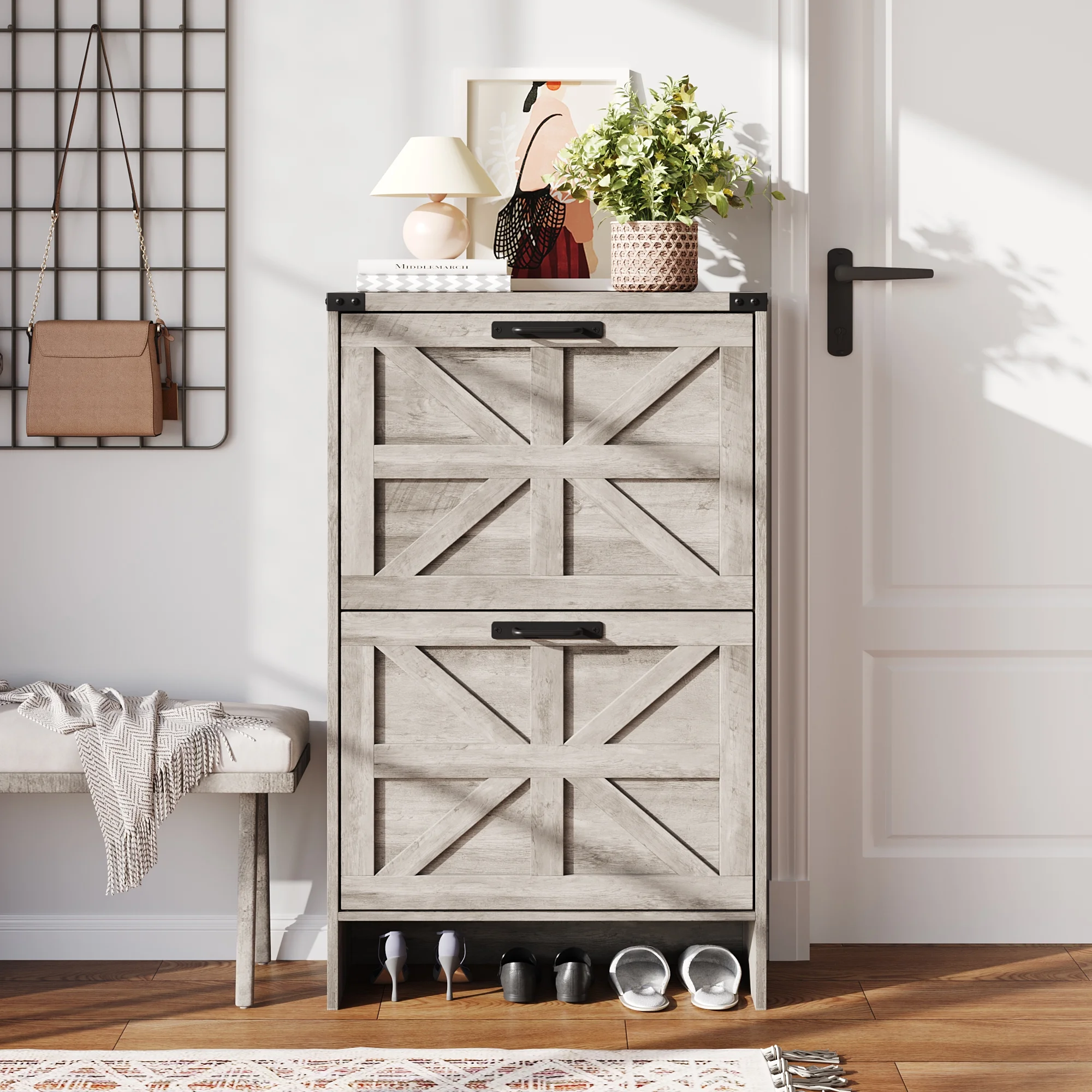 VEANERWOOD Shoes Storage Cabinet With Doors, Farmhouse Shoe Cabinet With 2 Flip Drawers For Entryway,Gray - Image 35