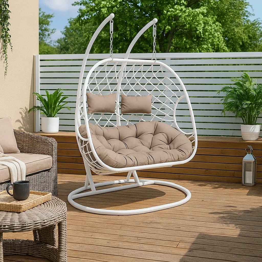 Sillón colgante de 2 plazas con estructura blanca, cojín beige - ManPrag253Jc