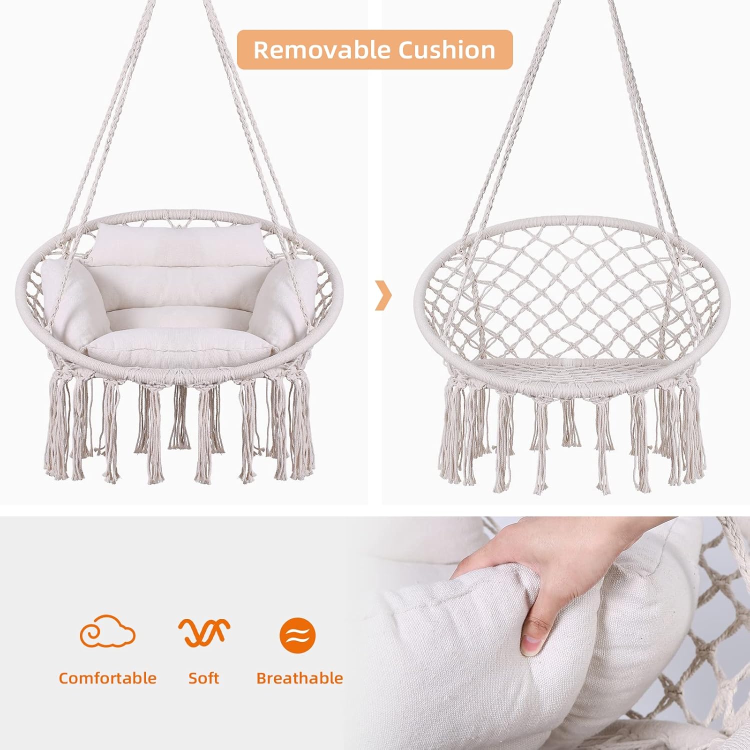 Hammock Chair Macrame Hanging Swing Chairs with Cushion and Hardware Kit Set Ceiling Hook Braided Fringes Hanging Chair