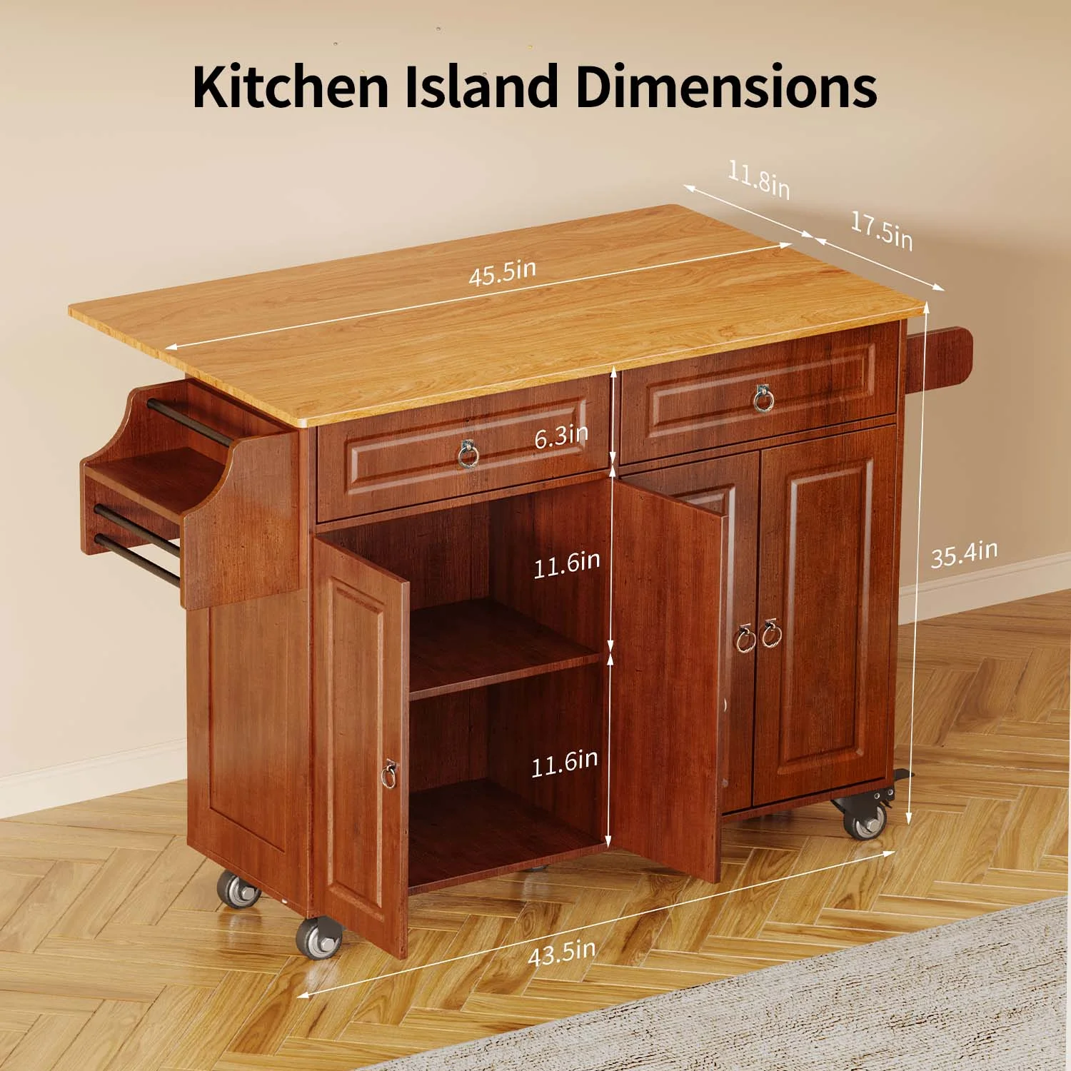 Lofka 52-Inch Kitchen Island with Storage on Wheels with Wood Drop Leaf, Ideal for Small Kitchens - Image 13