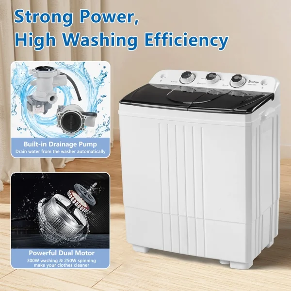 20Lb Twin Tub Washing Machine w/ Built-In Pump - Semi-Automatic 1300RPM Compact Washer for Apartment, Dorm, RV, Camping, White/Black - Image 6