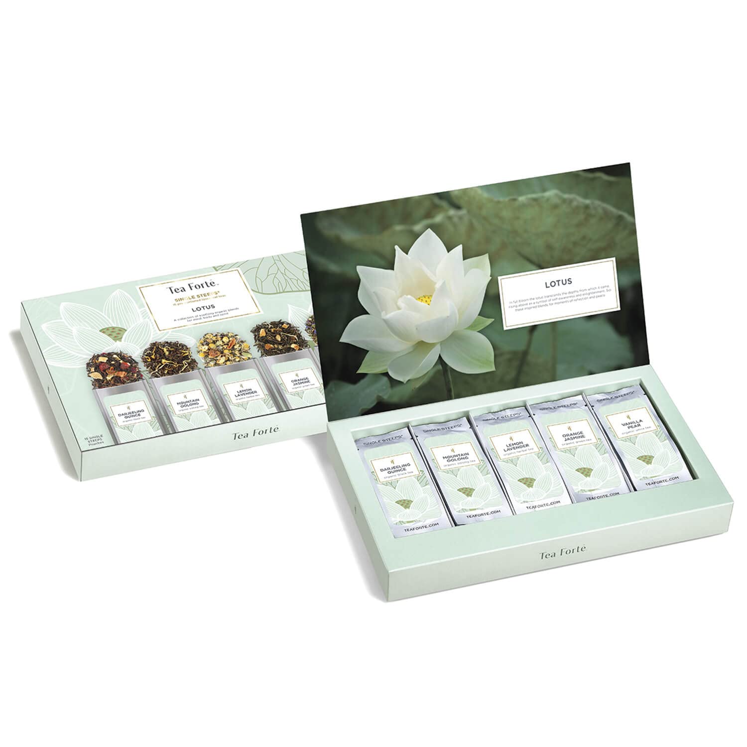 Tea Forte Single Steeps Loose Leaf Tea Sampler, Assorted Variety Tea Box, 15 Single Serve Pouches, Lotus Tea
