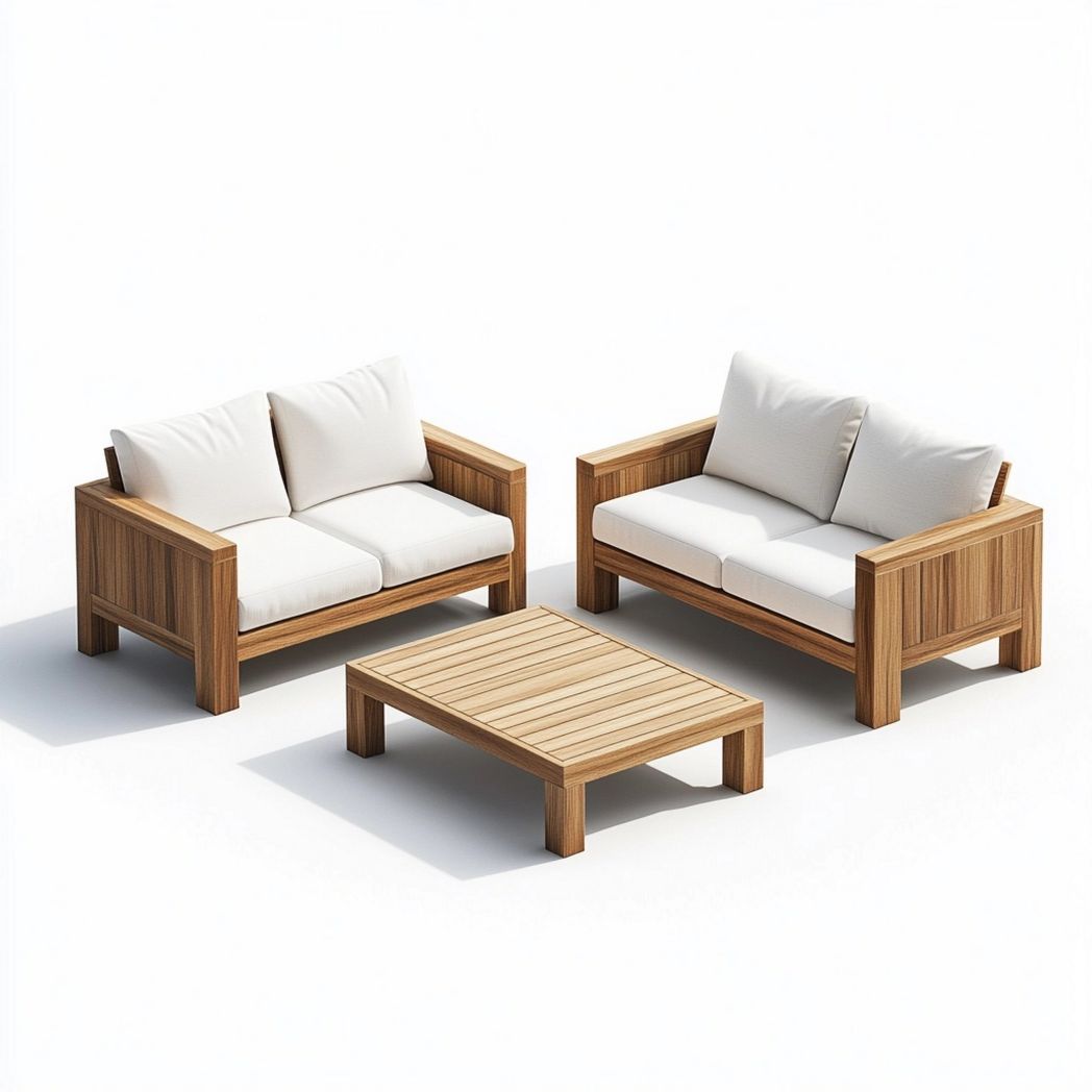 Conjunto de sofá de jardín de madera para exteriores con cojines crema – Mobiliario de terraza 2x1 m