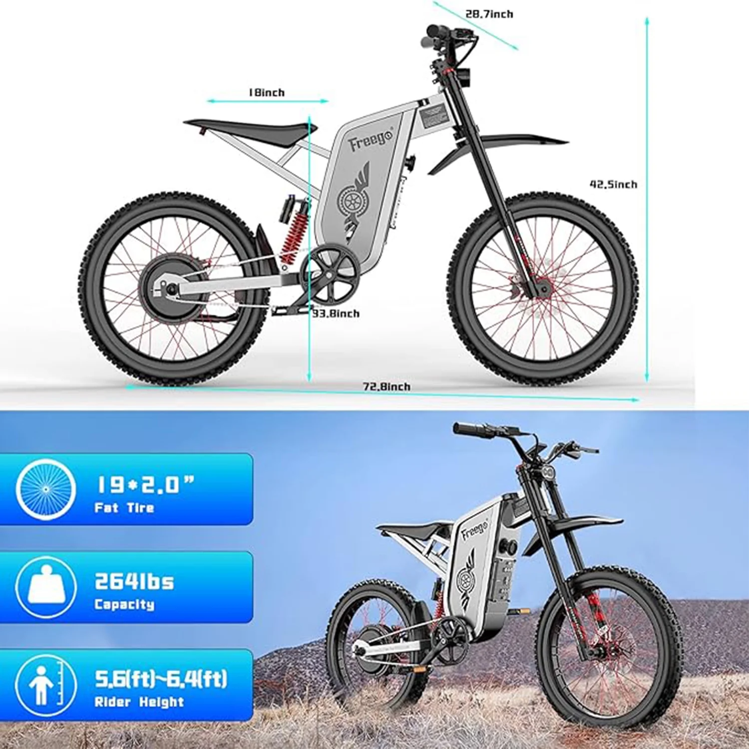 50MPH Electric Dirt Bicycle Freego X2 Pro,6000W(Peak)Motor Electric Motorcycle, Electric Bike for Adults, 60V30AH Battery, 19x2 Tire Full Suspension Hydraulic Brake Half Throttle UL2849 - Image 6