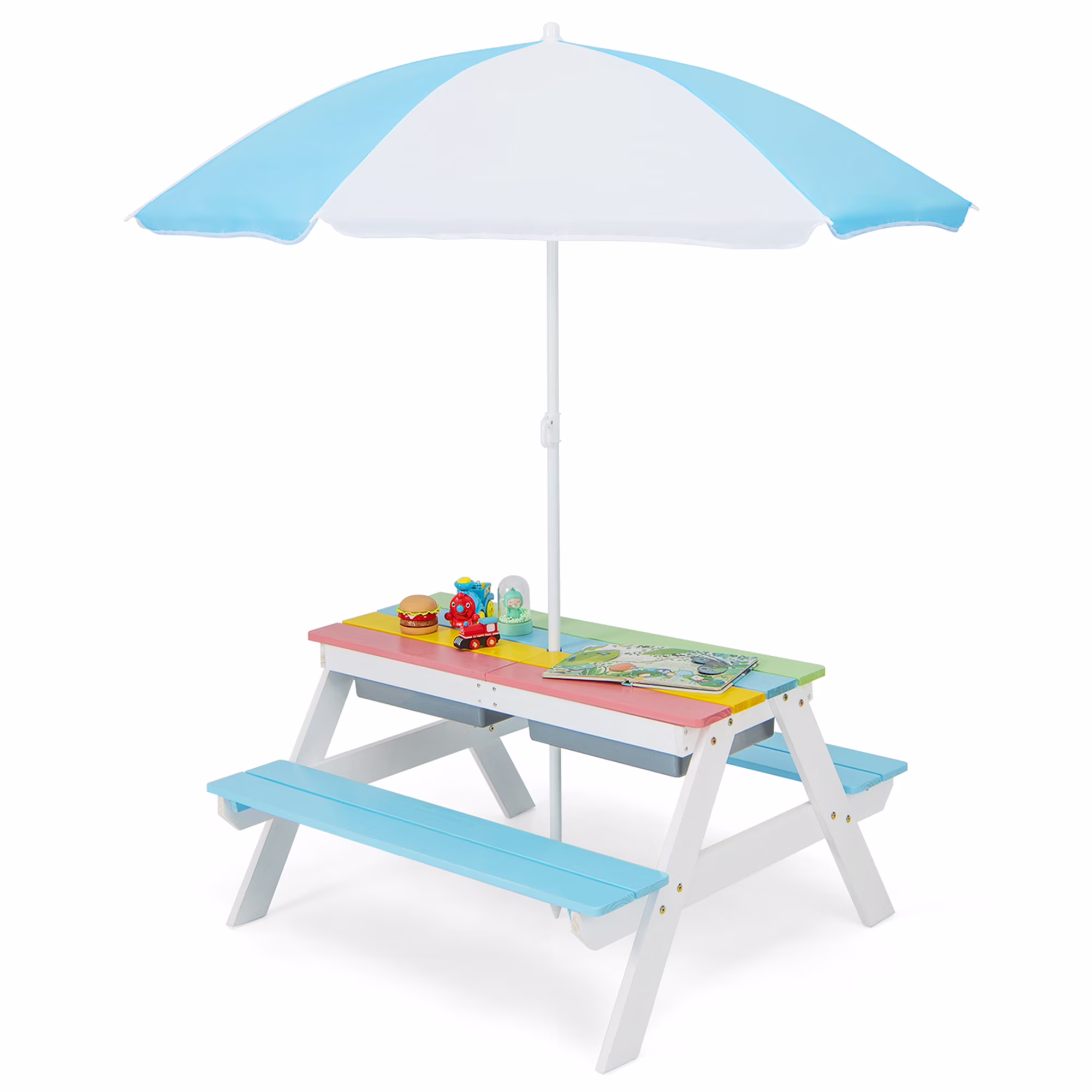 Costway 3-in-1 Kids Picnic Table Wooden Outdoor Sand & Water Table with Umbrella Play Boxes Green - Image 3