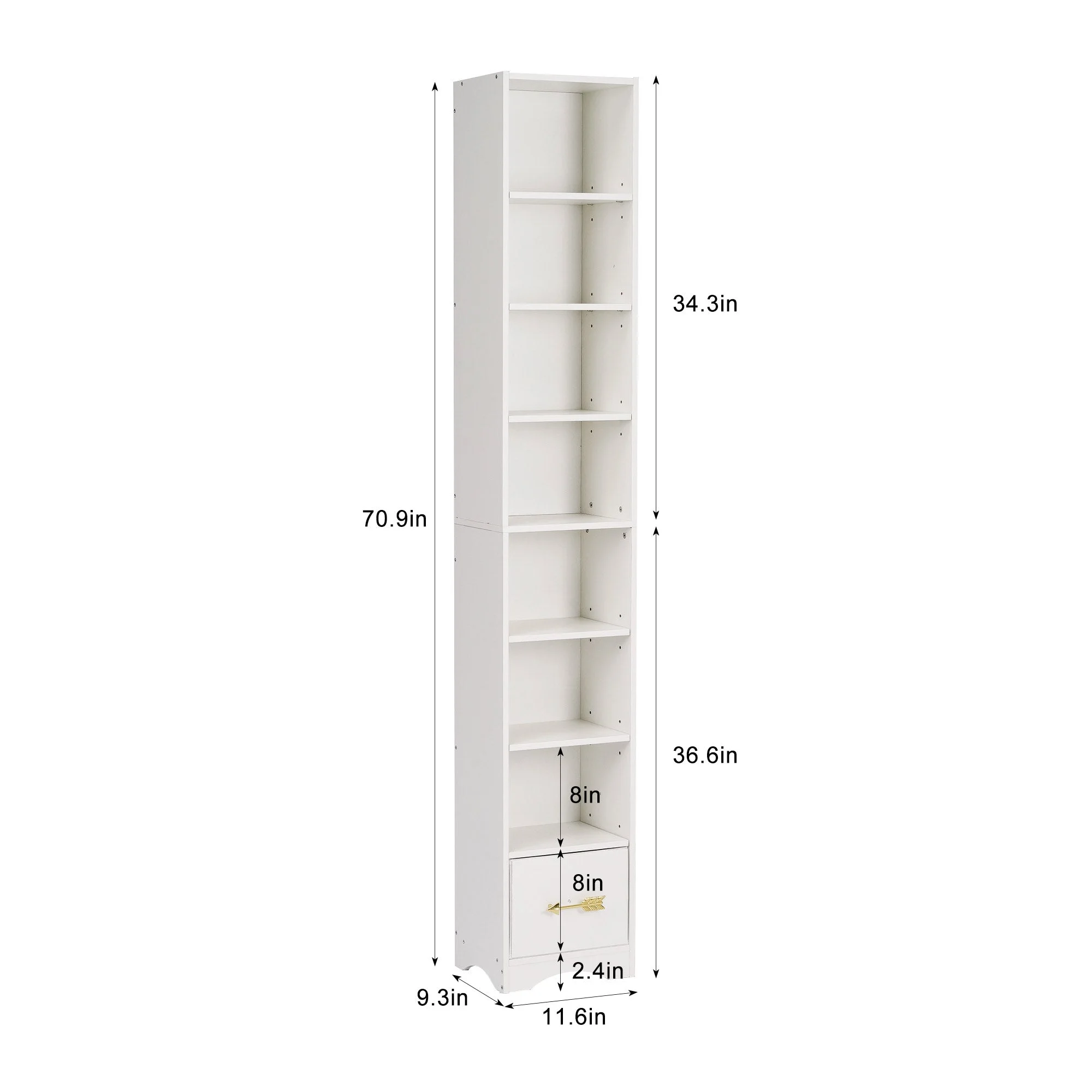 Javlergo 71" Tall Narrow Bookcase, Small Corner Bookshelf with Adjustable Shelves & Drawer, White - Image 7