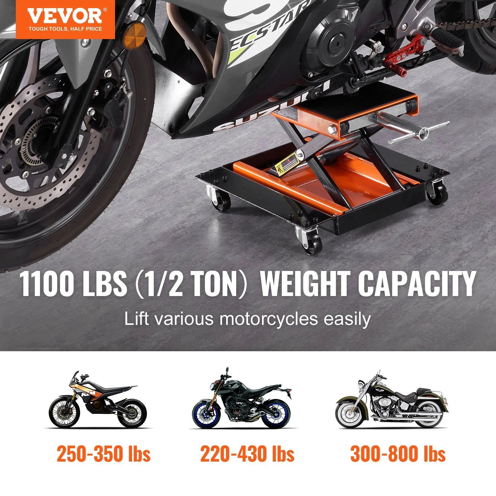 HCY Motorcycle Lift, 1100 LBS Motorcycle Lift ATV Scissor Lift Jack with Dolly & Hand Crank, Center Hoist Crank Stand with Wide Deck & Tool Tray for Street Bikes, Cruiser Bikes, Touring Motorcycles - Image 2