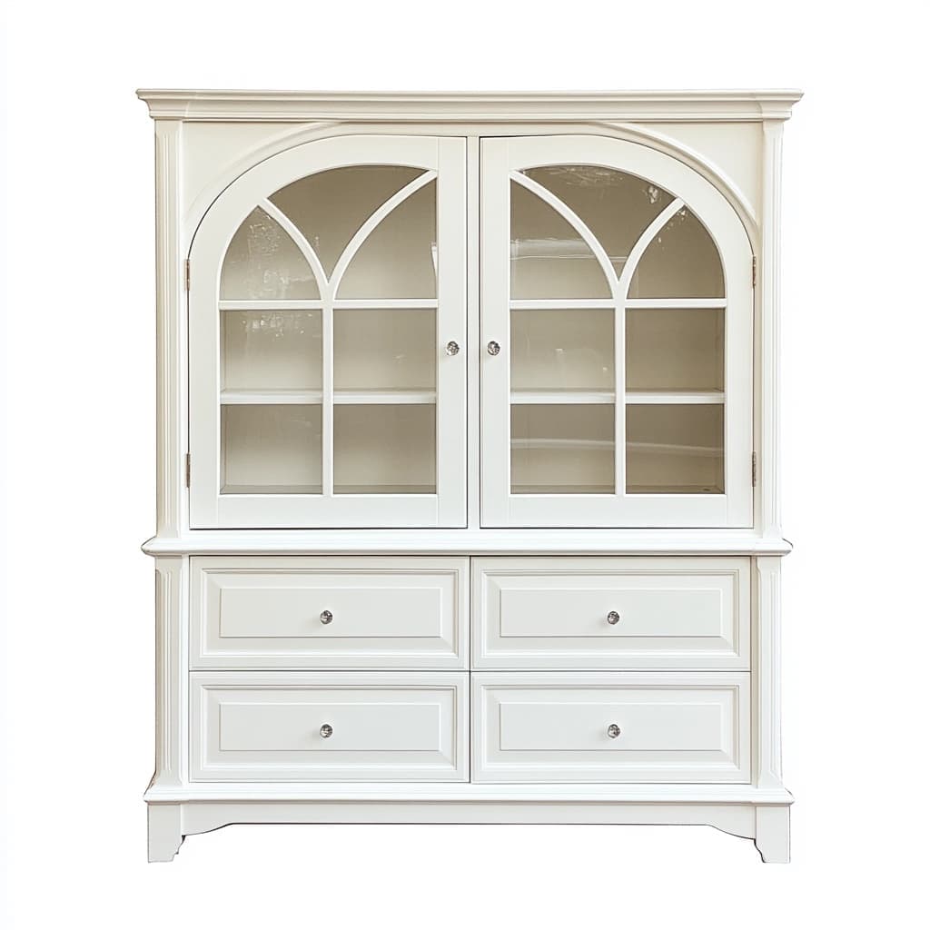Vitrina de madera de pino blanco con puertas de vidrio y 4 cajones 120x200x40 cm