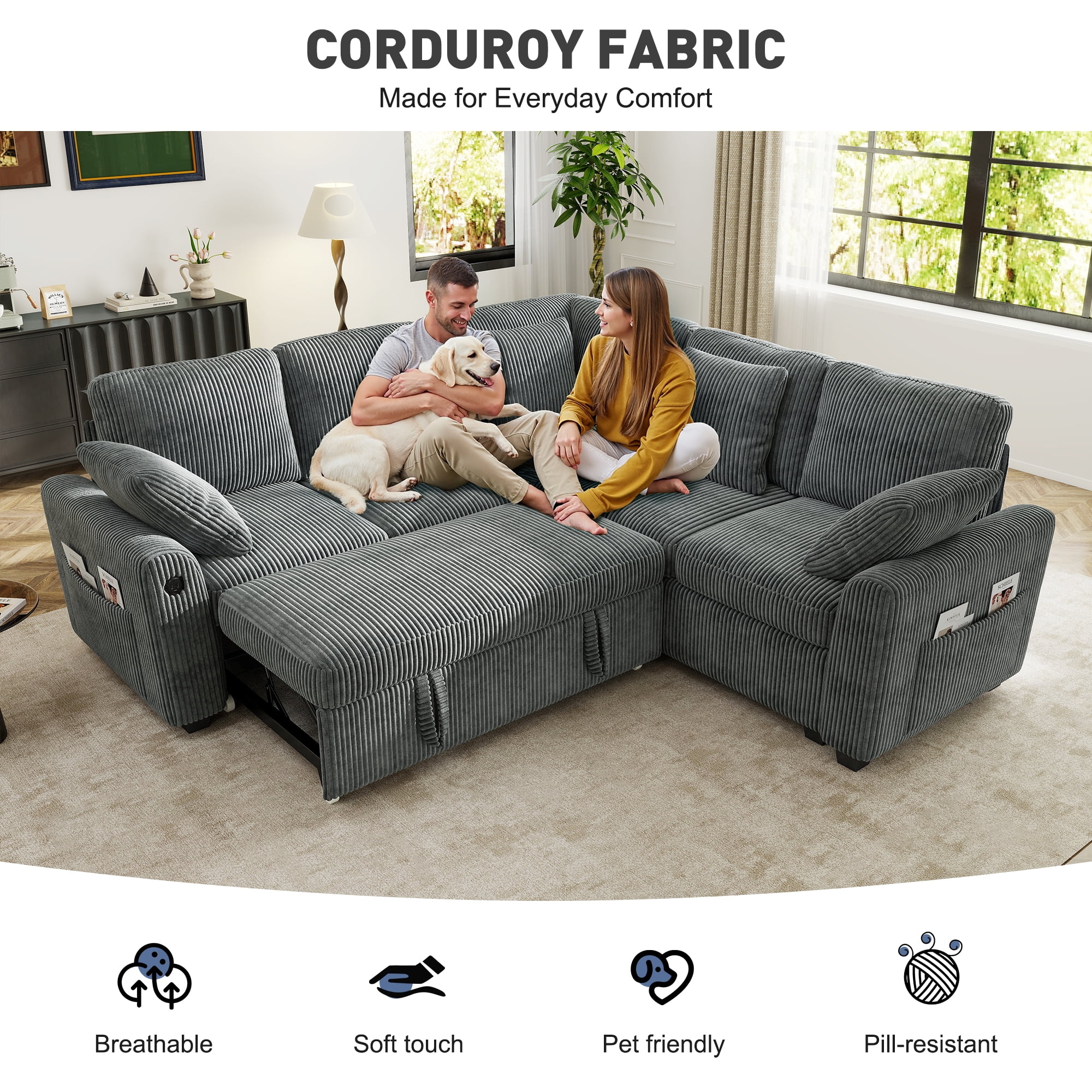 BedLuxury 83" Sectional Sleeper Sofa with Pull Out Bed, L Shaped Couch with Storage Seat for Living Room, Gray - Image 5
