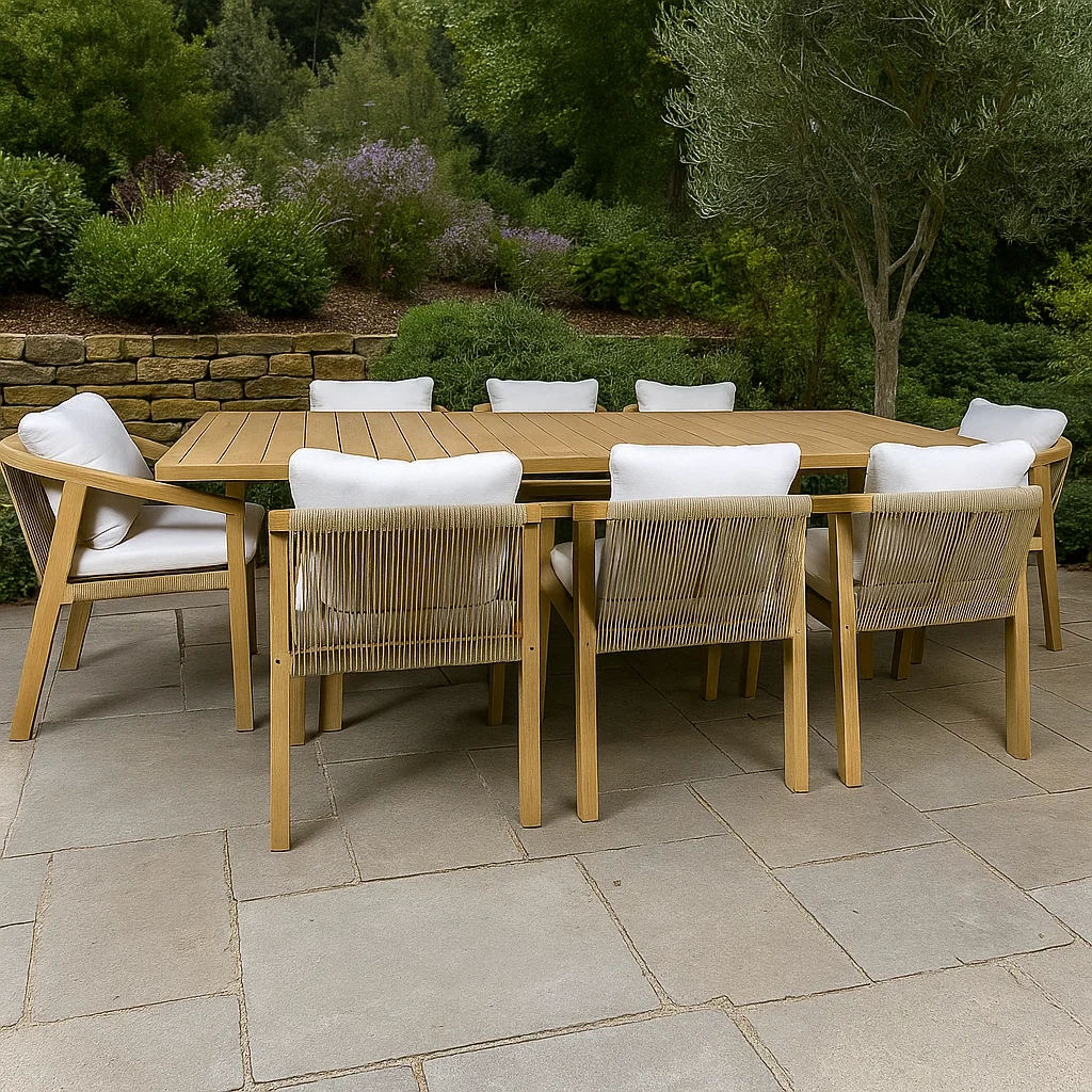 Conjunto de comedor de jardín para 8 personas, Estructura de madera, 8 sillas con cojines, 1 mesa rectangular, Madera natural y cojines blancos - bCktNoB222Wd