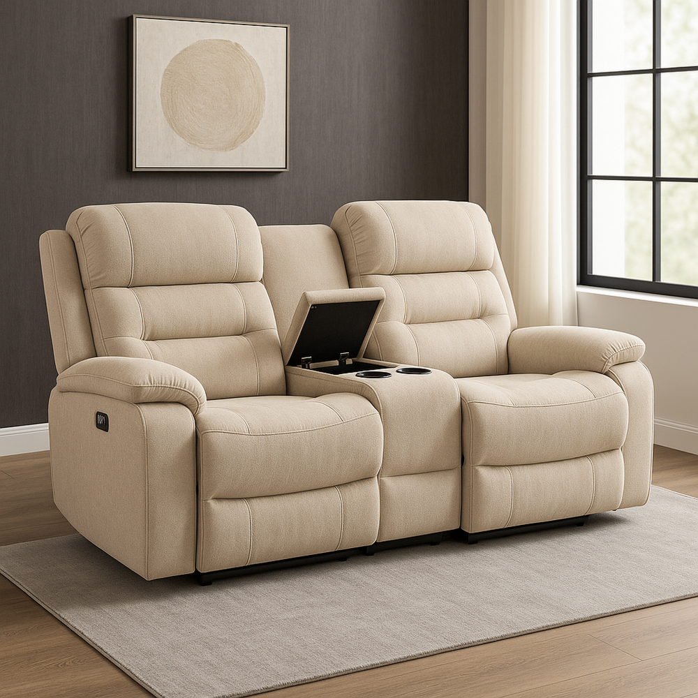 Sofá reclinable de tela tecnológica beige con reposabrazos ajustables y portavasos, 150x95x100 cm