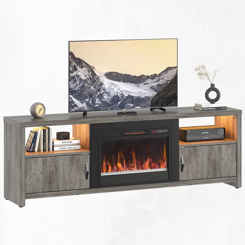 71-Inch TV Stand for 75-Inch TVs with LED Fireplace and Storage Cabinet