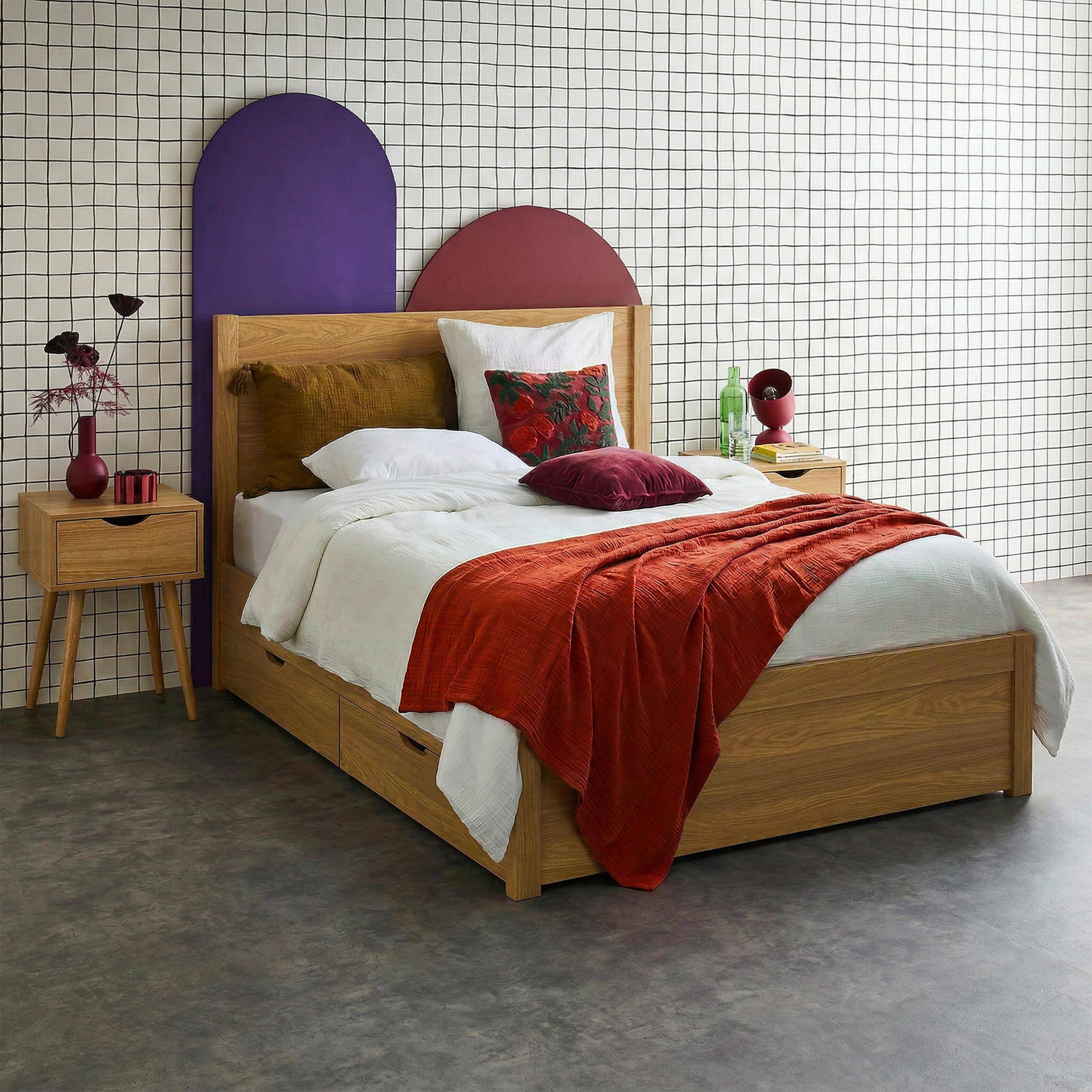 Nepal - Cama con somier de láminas y cabecero, 140x190cm + 4 cajones decorativos de madera