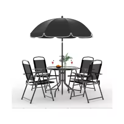 6 Pieces Outdoor Dining Set With Umbrella, Patio Table and 4 Folding Chairs With Umbrella, Garden Patio Furniture Set With Umbrellas, Tempered Glass Top Dining Table
