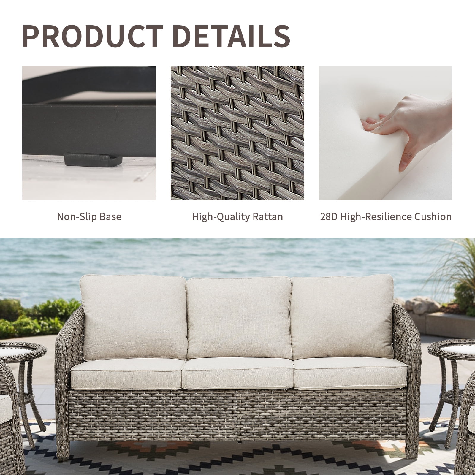 3-Seat Patio Wicker Sofa Outdoor Rattan Couch Furniture Steel Frame with Beige cushion&Waterproof Cover, Gray - Image 4