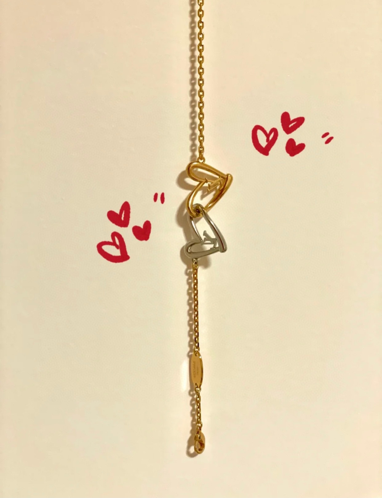 Louis Vuitton Hollow Silver Gold Double Interlocking Hearts Bracelet - Original Replica Club