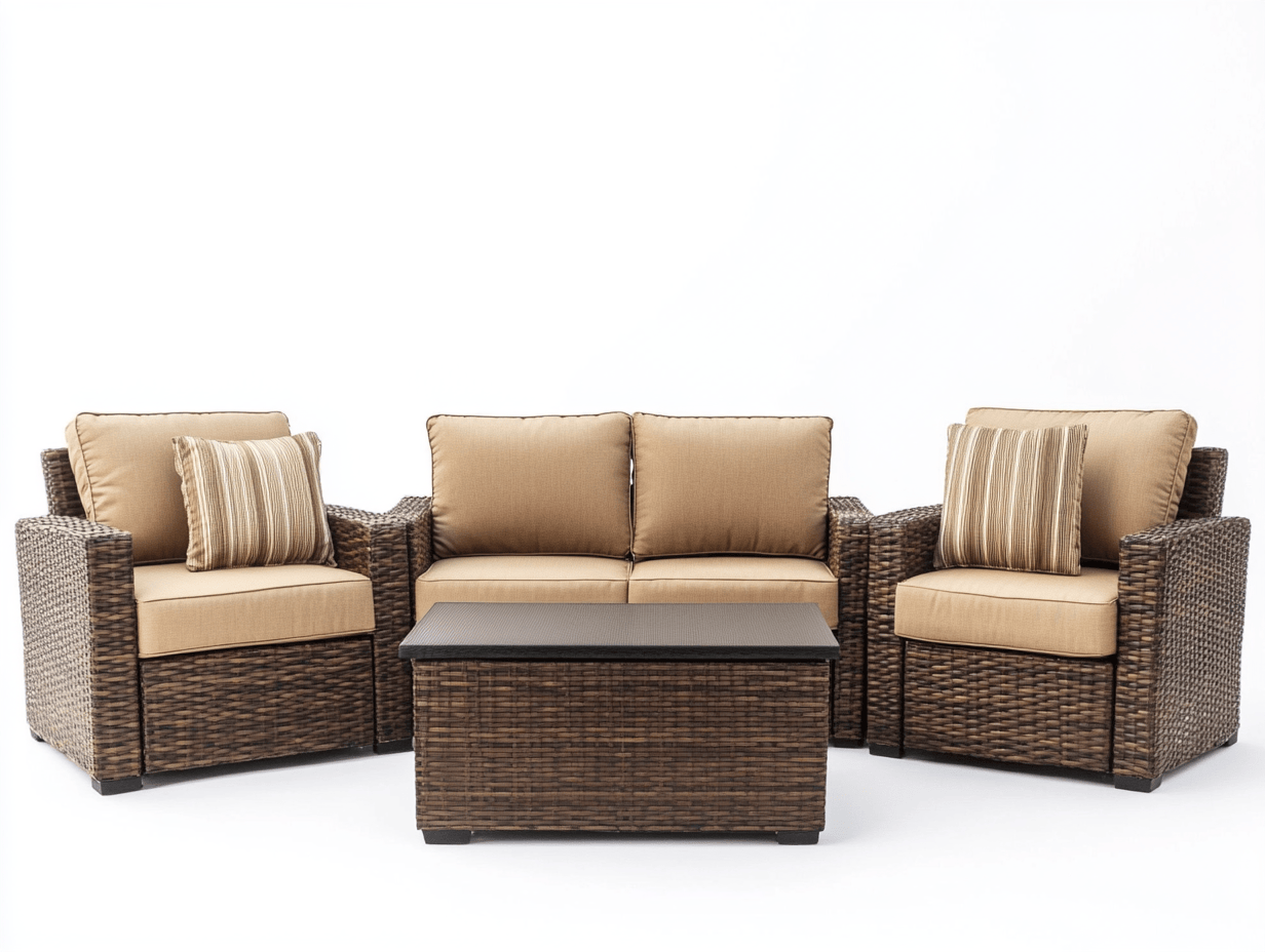 Conjunto de jardín marrón claro con sofá, sillones y mesa de centro