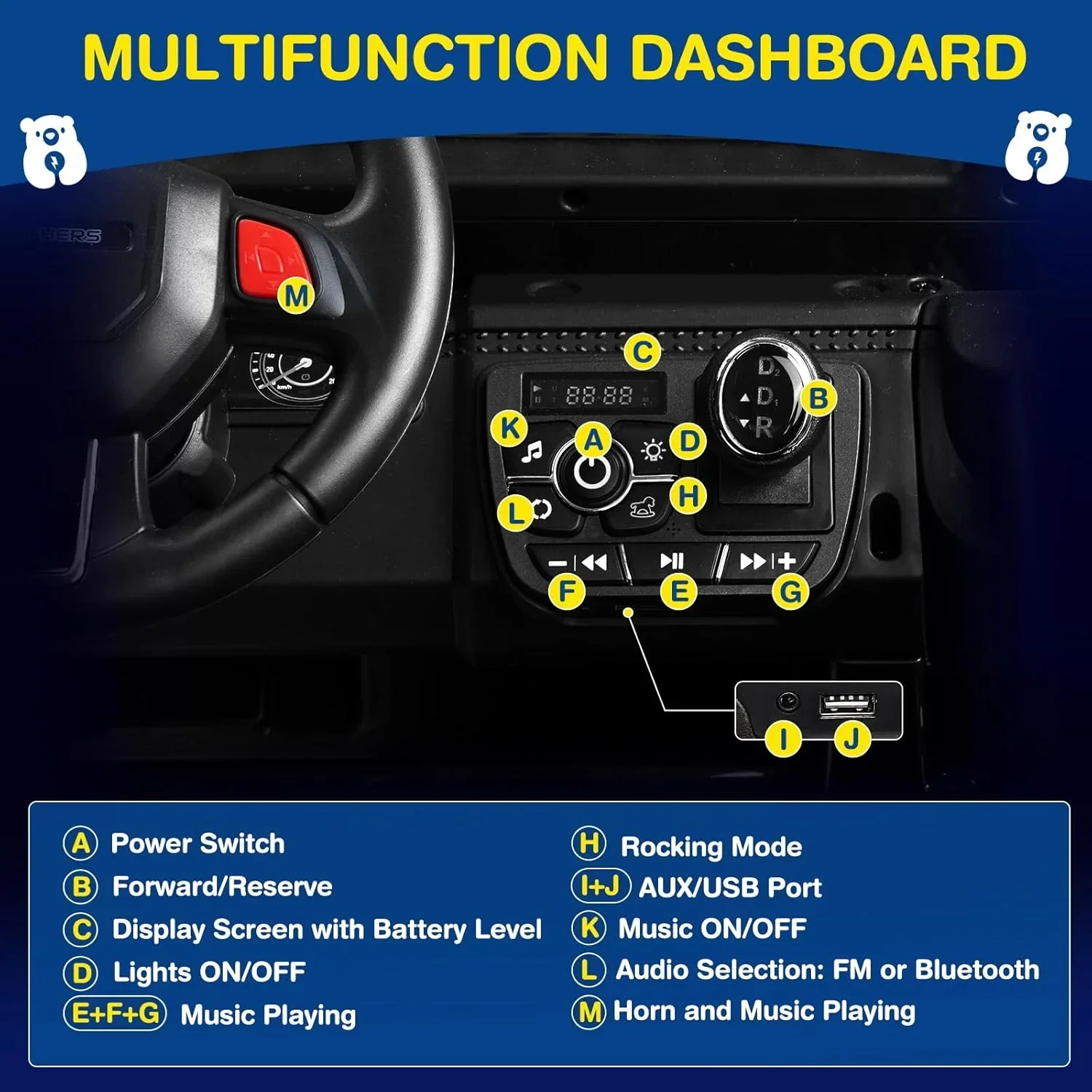 L8 Ride On Car 2 Seater 12V Kids Electric Car Remote Control 4-Wheel Suspension Bluetooth Speaker