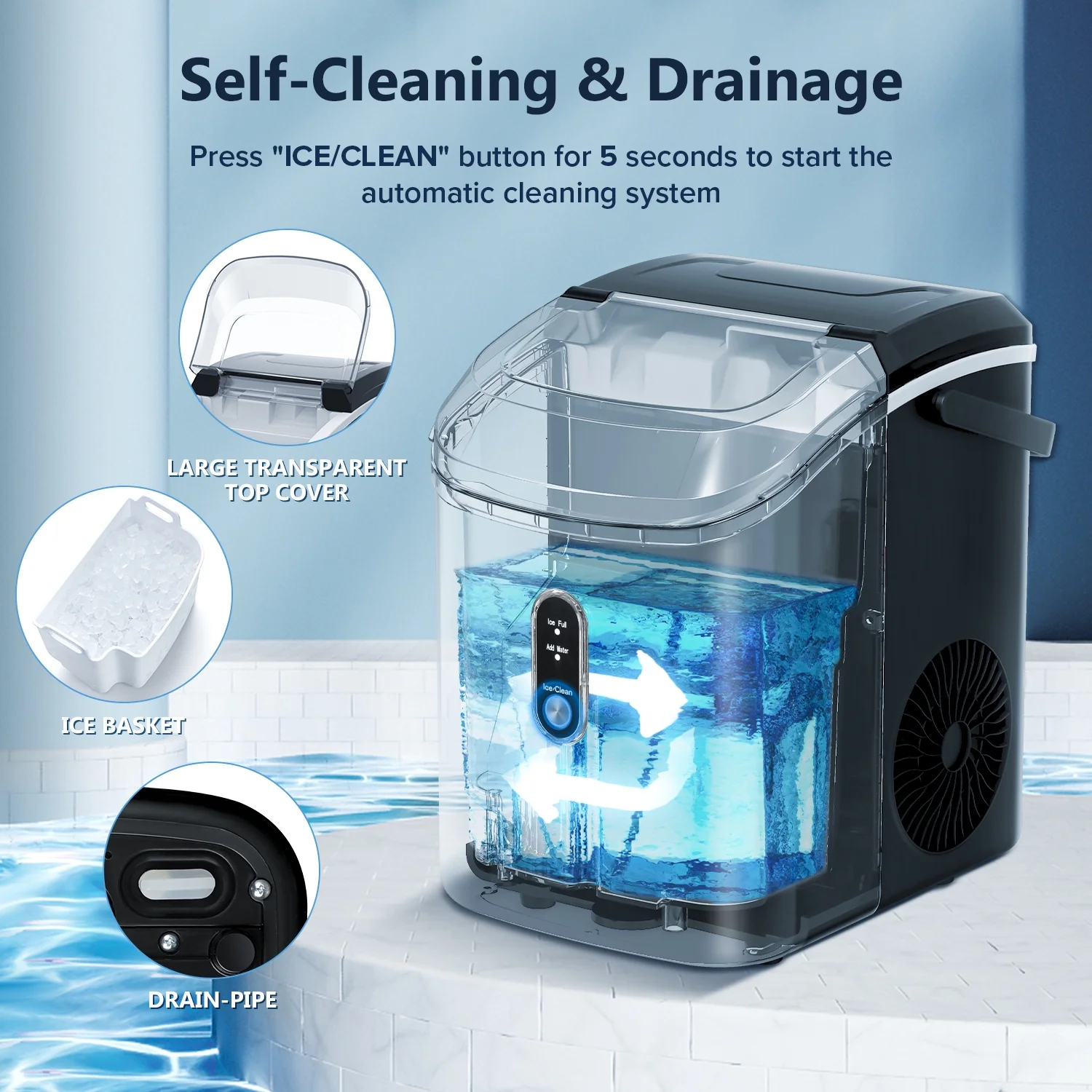 Auseo Nugget Ice Maker Countertop, Ready in 6 Mins ,35Lbs Each day with Self-Cleaning,Portable Sonic Ice Machine for Home/Office/Bar, Black - Image 6