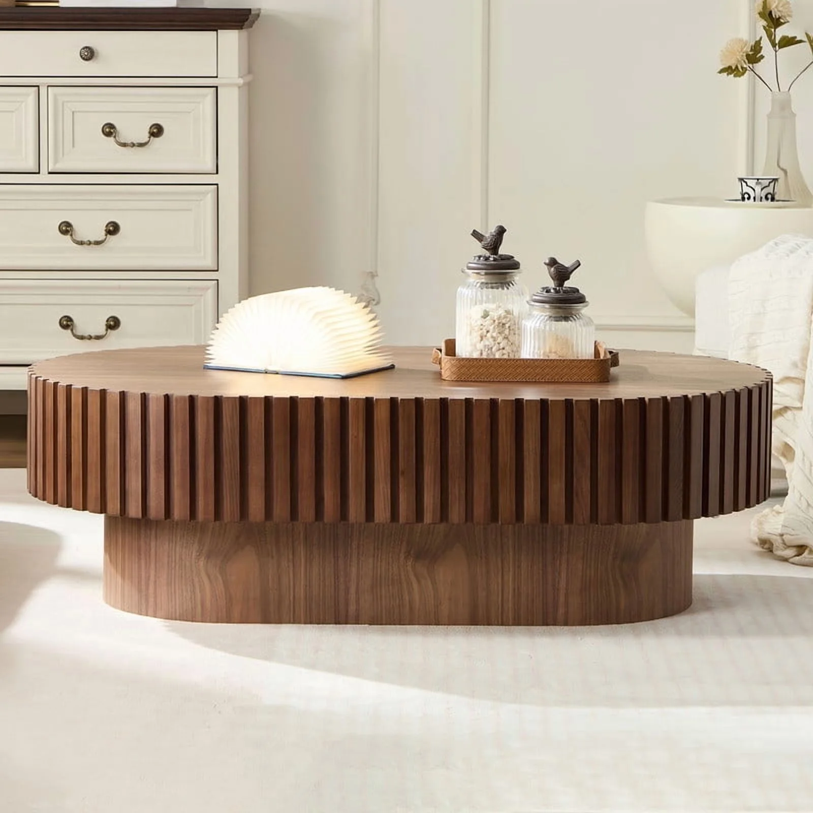 FFH 43.7 inch Oval Coffee Table for Living Room,Handcraft Rustic Corner Coffee Table Nature Wood Relief Sturdy Pedestal for Apartmen,Side Table Centre Table,Nature Wood - Image 14
