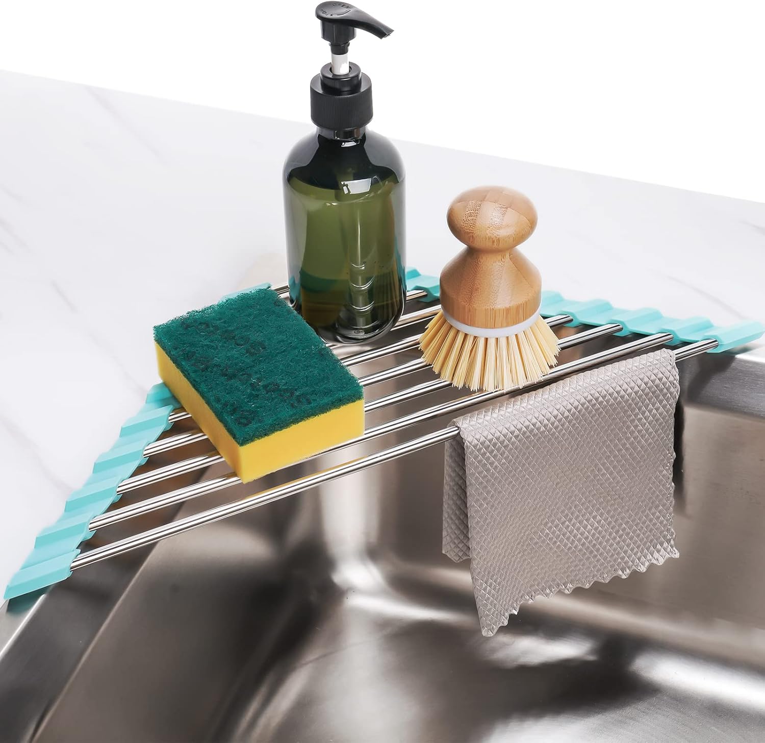 Tomorotec Marble Triangle Roll-Up Dish Drying Rack for Sink Corner - Small, Foldable, Stainless Steel, Multipurpose Kitchen Drainer Caddy, Trivet, Rustproof Organizer, Storage Shelf