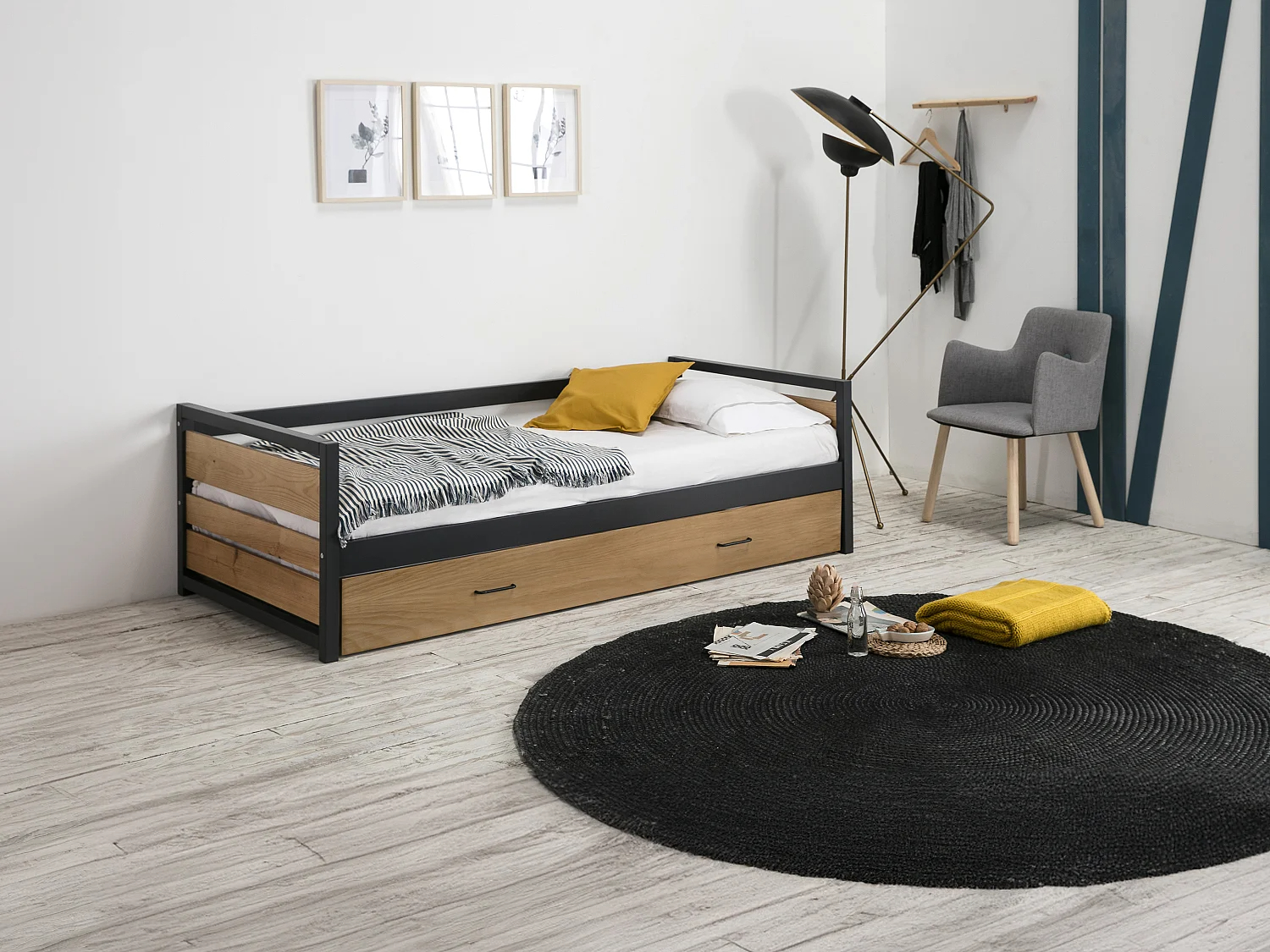 Cama nido industrial BOSTON - 2 x 90 x 190 cm - MDF, Pino y metal + colchón