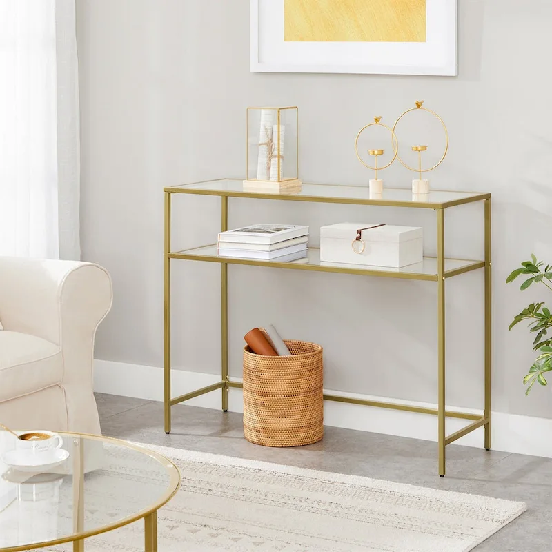 Elegant Gold Tempered Glass Console Table with Metal Frame and Dual Shelves - 39.4L x 13.8W x 31.5H