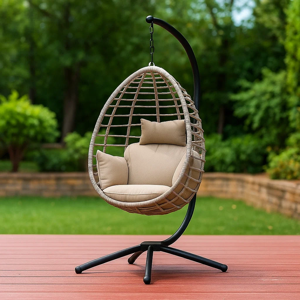 Sillón colgante en forma de huevo,ratán sintético,beige y negro,con soporte,para jardín,105x70x195 cm - ipDaNxfAjF9w