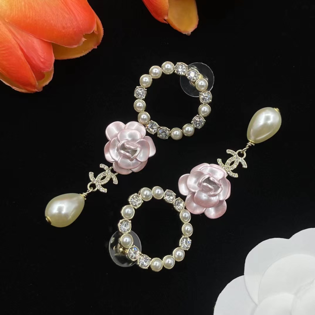 Chanel Pink Camellia Pearl Dangle Earrings - Original Replica Club