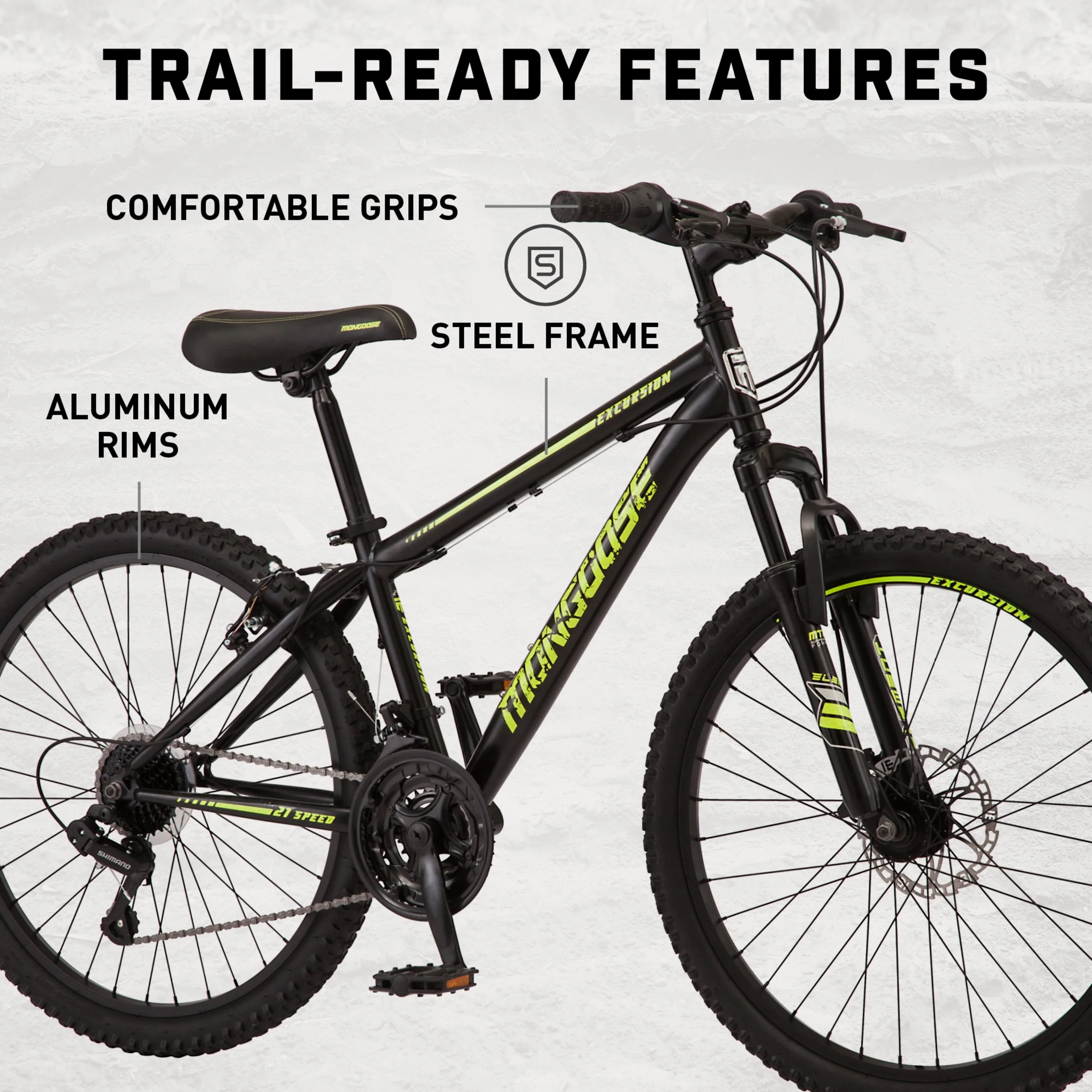 Mongoose 24-in. Excursion Unisex Mountain Bike, Black and Yellow, 21 Speeds - Image 2