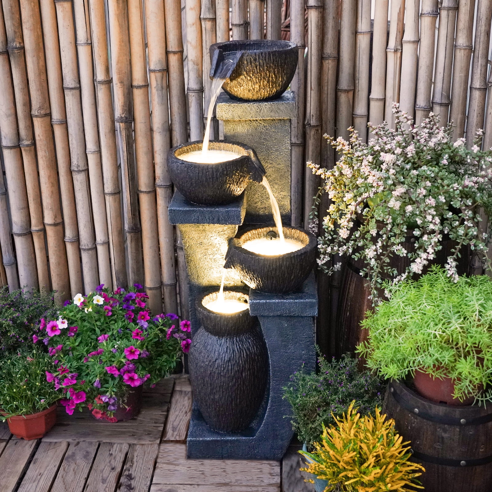 Outdoor Water Garden Fountain 37.40-H Waterfall Small Fountains Cascading Bowl and Jar Water Feature with LED Light for Backyard Patio Porch and Home Art Decor - Image 3