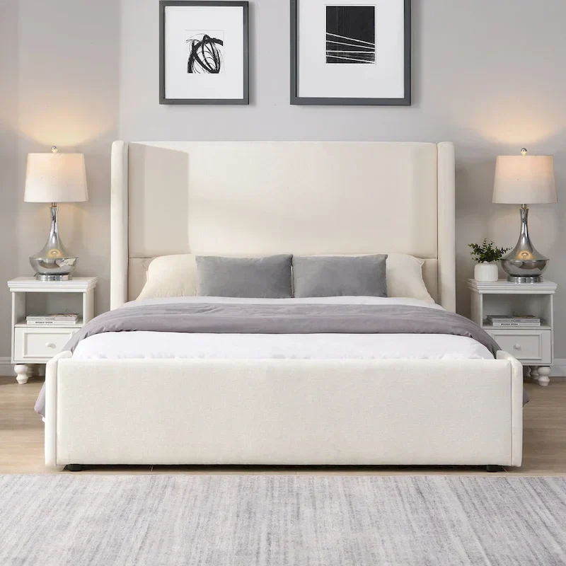 Isabella Queen White Upholstered Bed with Tall Wingback Headboard by Christopher Knight Home
