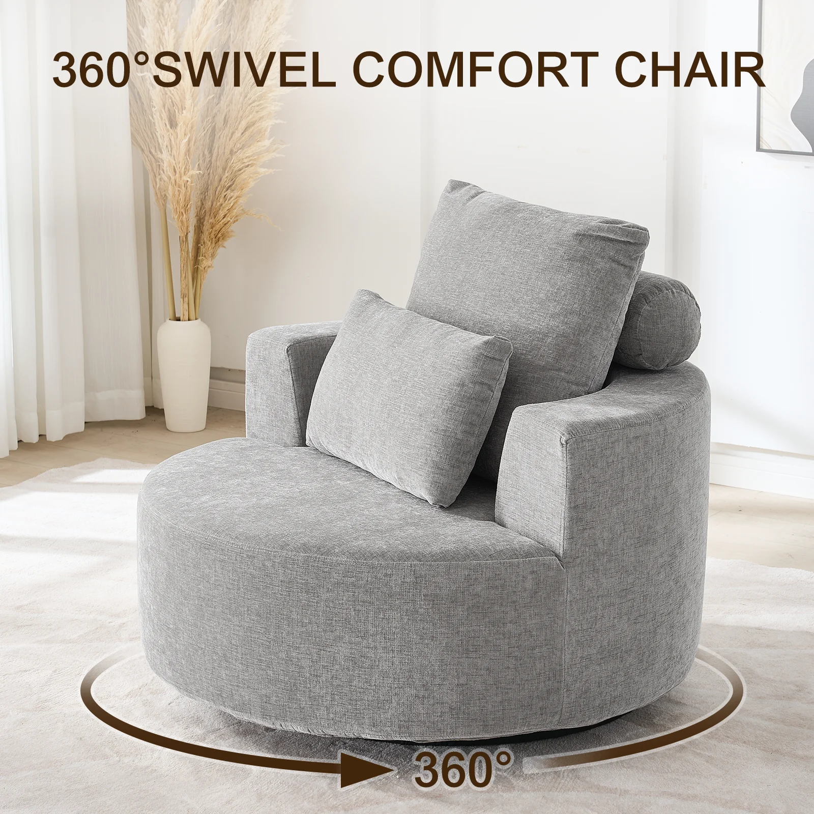 Fumahaus Upholstered Swivel Accent Chair, Oversized Comfy Round Sofa Chair with Two Pillows, Leisure Sofa Chair for Living Room Bedroom, Beige - Image 24
