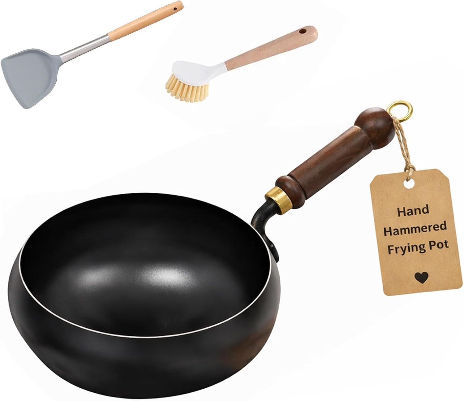 Japanese Cast Iron Wok Pan, Uncoated Thick Cast Iron Wok, Hand Hammered Frying Pot With Wooden Glass Lid (Wooden lid, 7.87in)