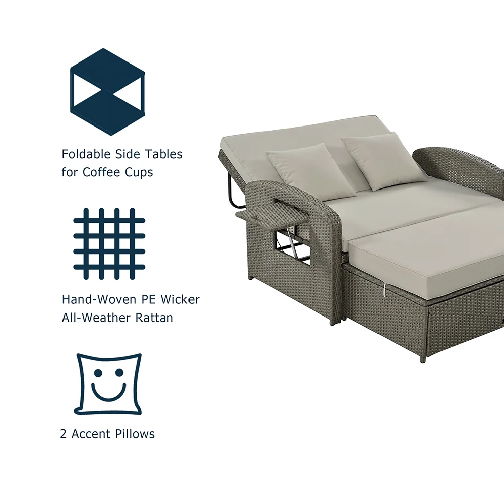 Harper & Bright Designs Rattan Outdoor Double Lounge Chaise 2-Person PE Wicker Outdoor Patio Sunbed with Canopy Cover for Backyard Garden Balcony, Beige+Black - Image 94
