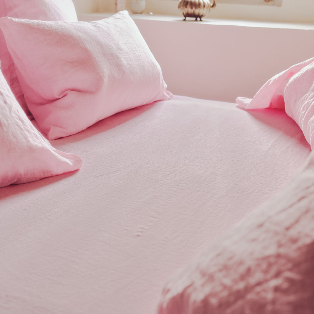 Drap housse en lin lavé - Rose Granité