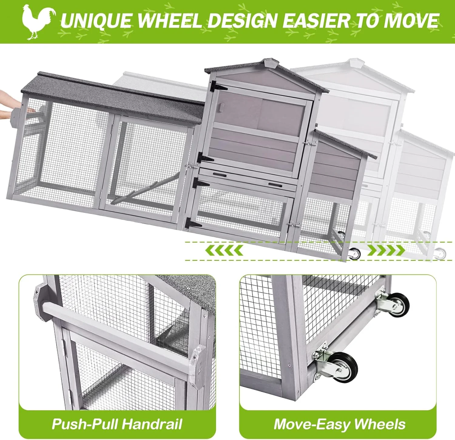MEDEHOO 80" Mobile Chicken Coop with Wheels - Weatherproof Wooden Hen House, Outdoor Poultry Cage & Nesting Box Run, Expandable Design - Image 7