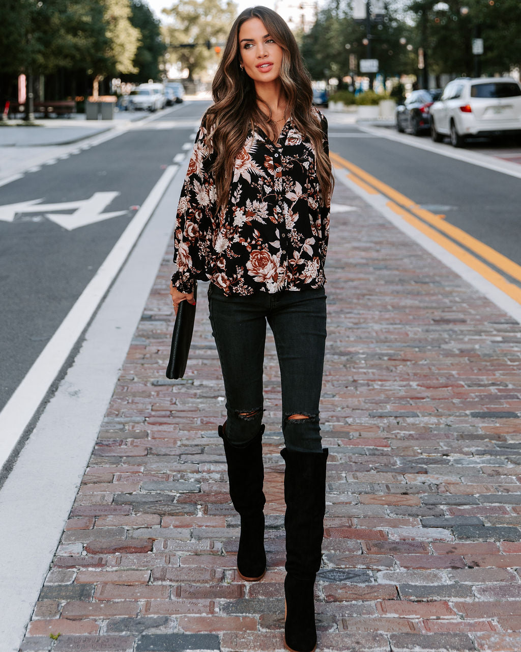 Crisp Fall Bloom Front Tie Button Down Top - Se7enfashion