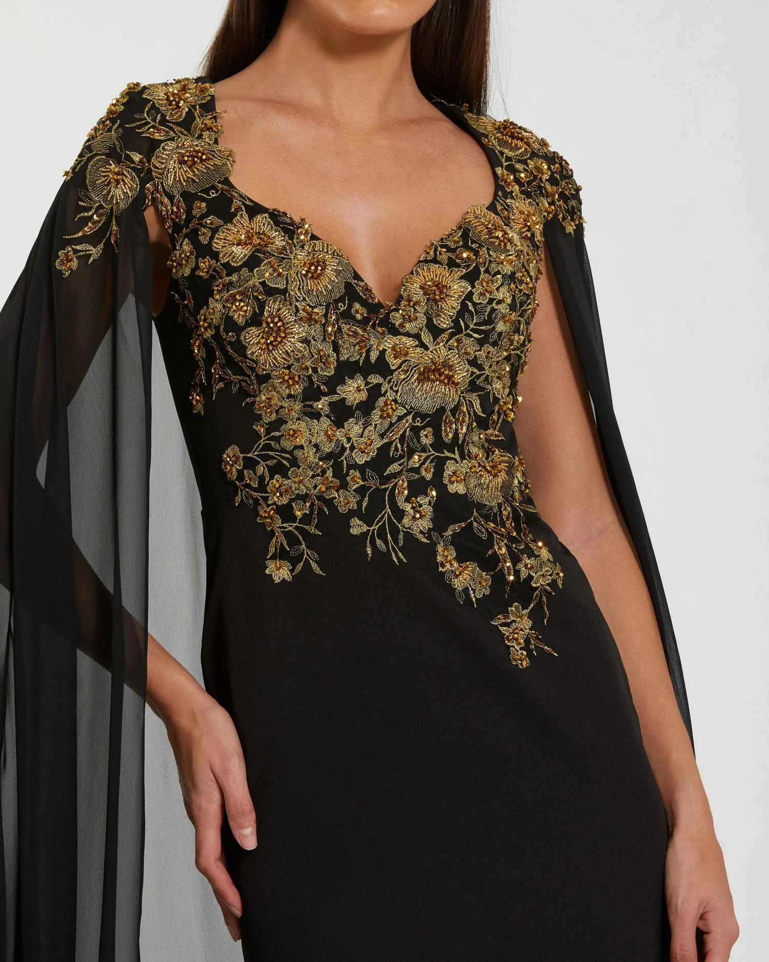 Black and Gold Embellished Column Gown with Chiffon Cape Sleeves - Special Events Unlimited