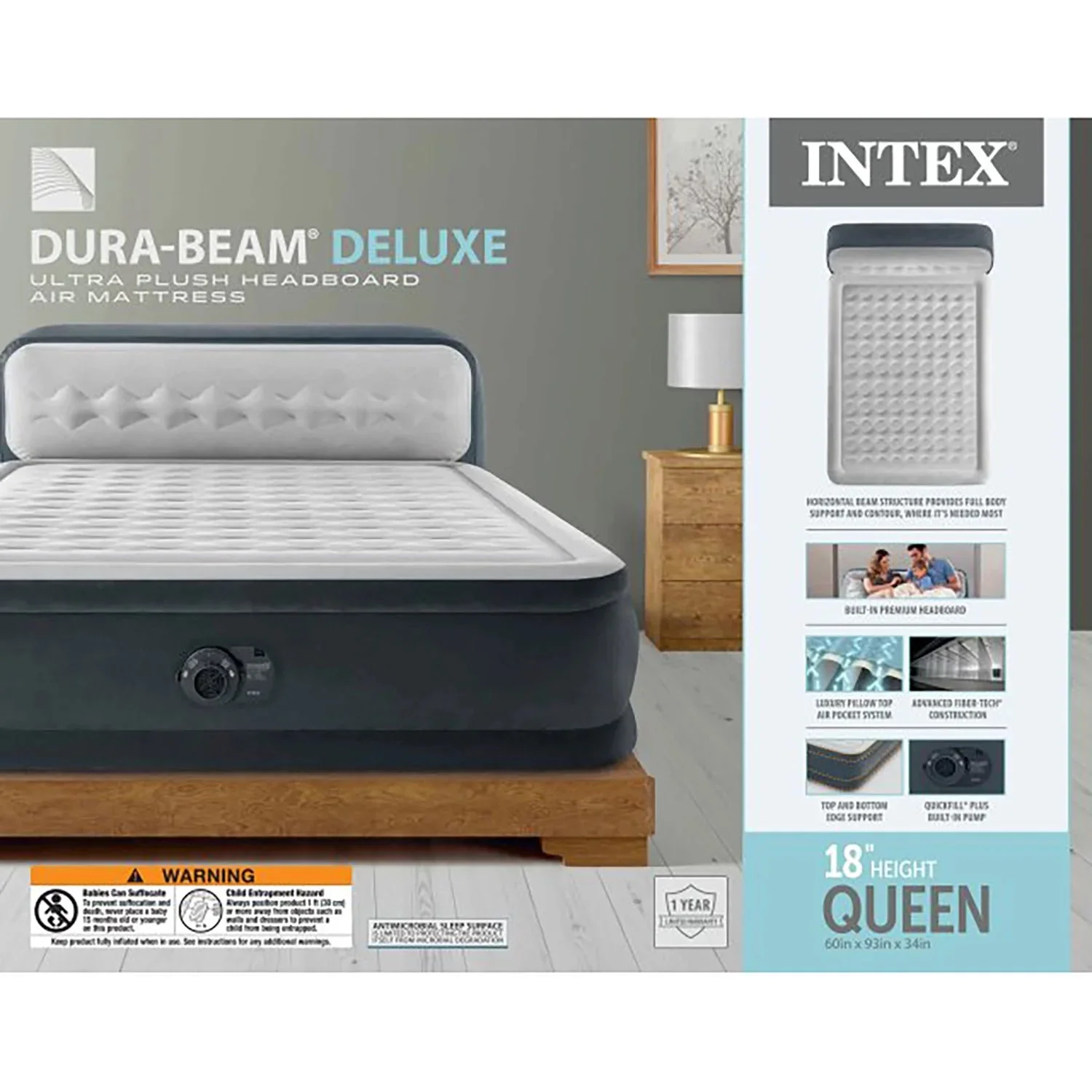 Intex Dura-Beam Deluxe Ultra Plush Headboard Queen Airbed, Gray, 18in, Built-In Pump - 64447ED - Image 9 Intex Dura-Beam Deluxe Ultra Plush Headboard Queen Airbed, Gray, 18in, Built-In Pump - 64447ED - Image 9